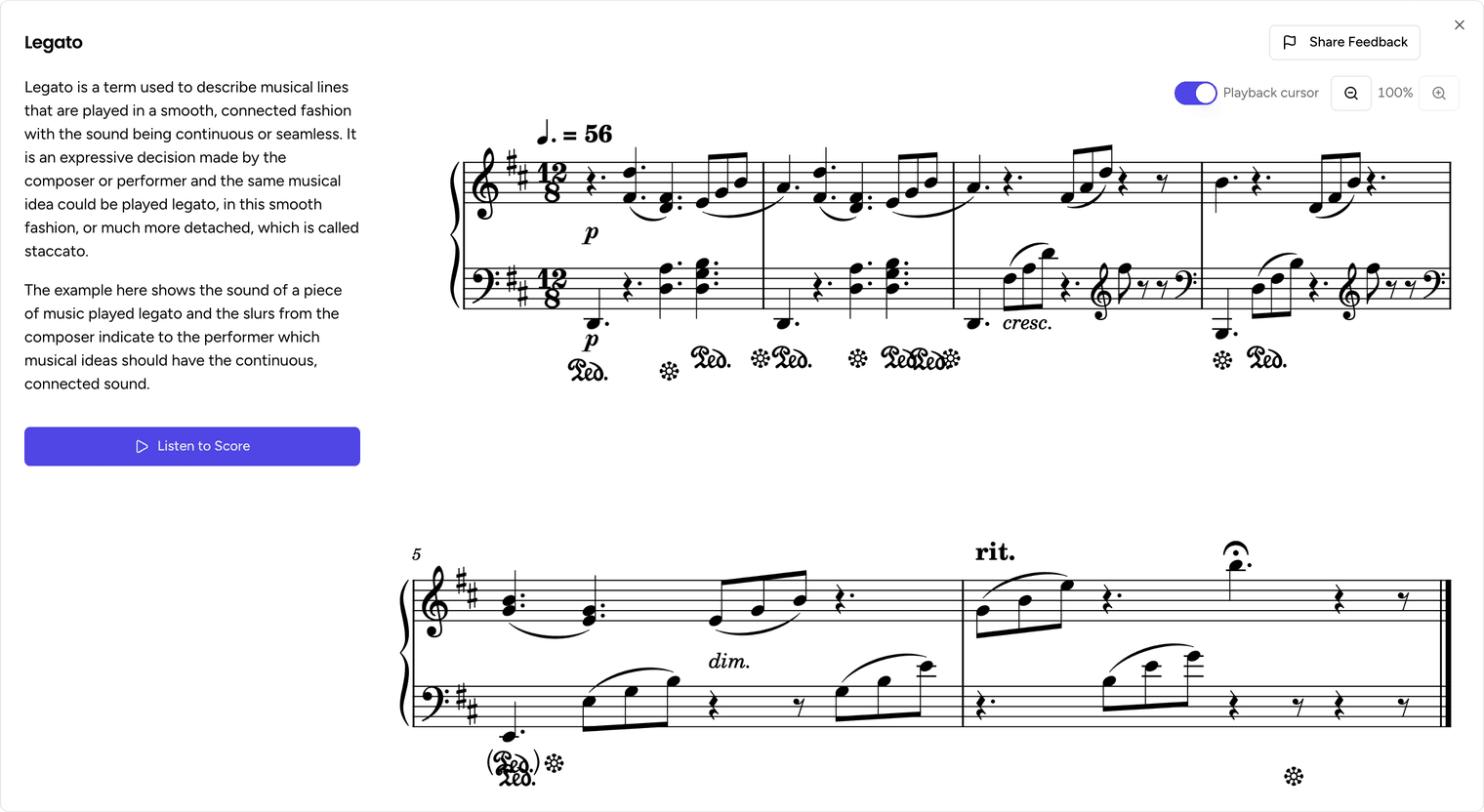 The Legato explanation, with its description and an annotated score