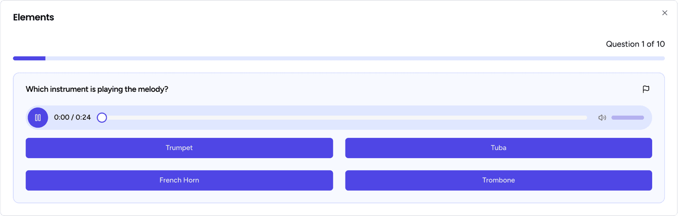 An Elemental quiz question asking which brass instrument is playing the melody