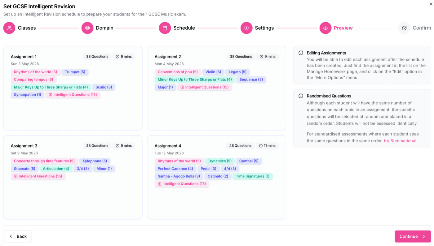 The Preview step, showing each revision assignment and the topics it covers