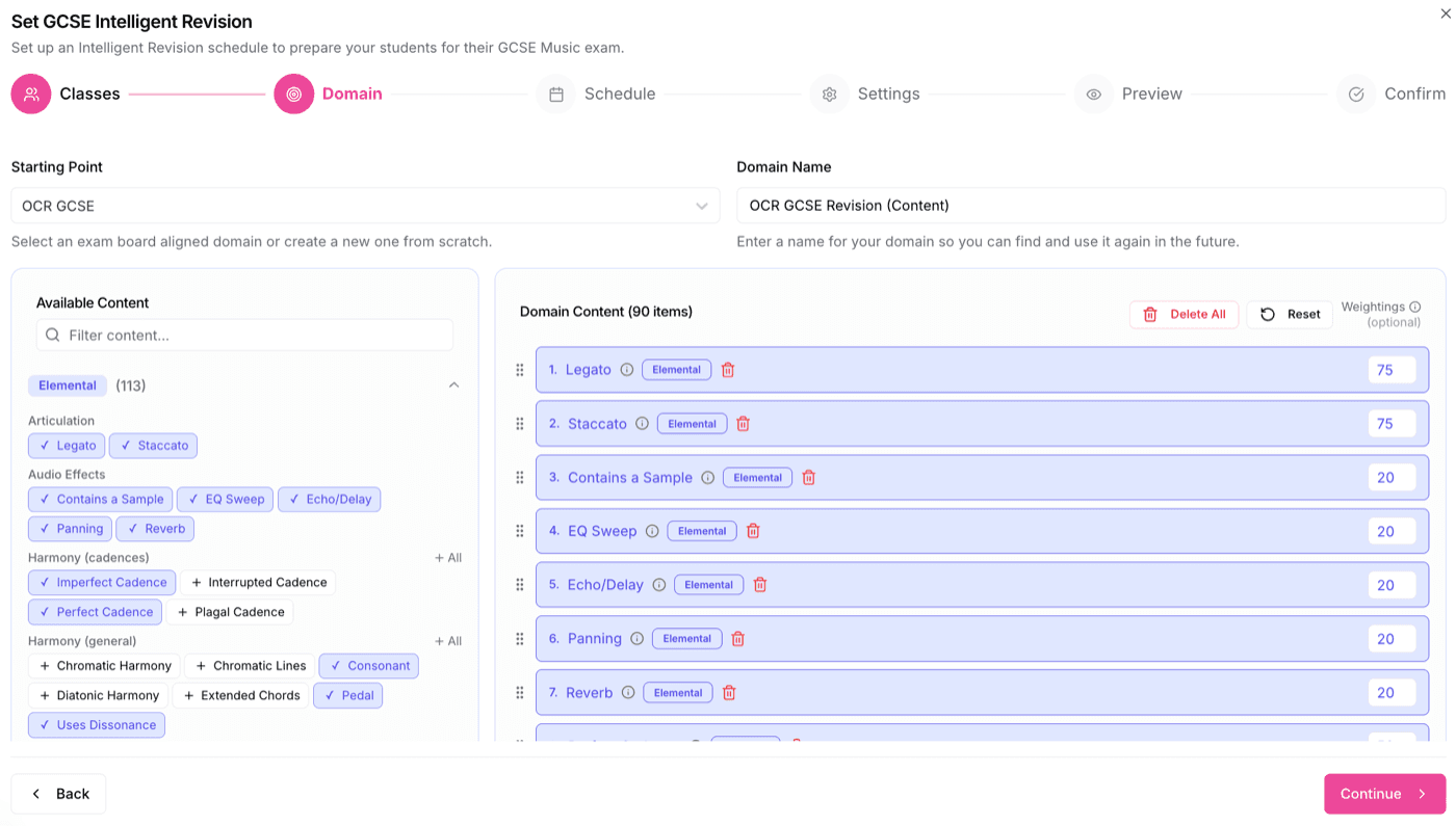 The Domain step, with the OCR GCSE content and its weightings