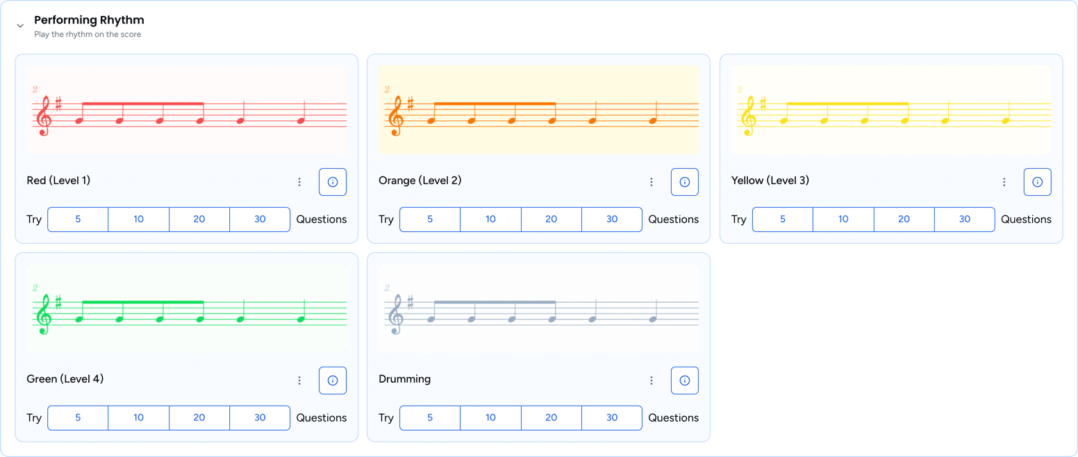 Performing Rhythm practice at each colour level, from Red to Green, plus Drumming