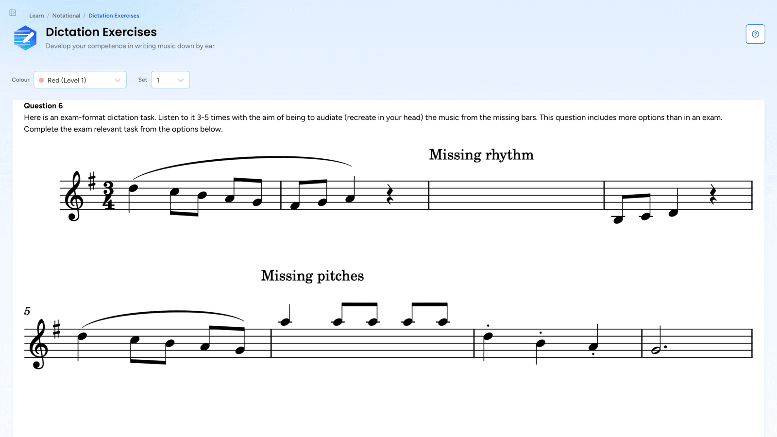 The Dictation Exercises page at question 6 of Red 1, with a missing rhythm and missing pitches to write down