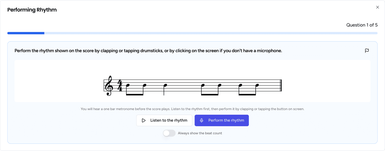 A Performing Rhythm question asking students to clap or tap the rhythm on the score