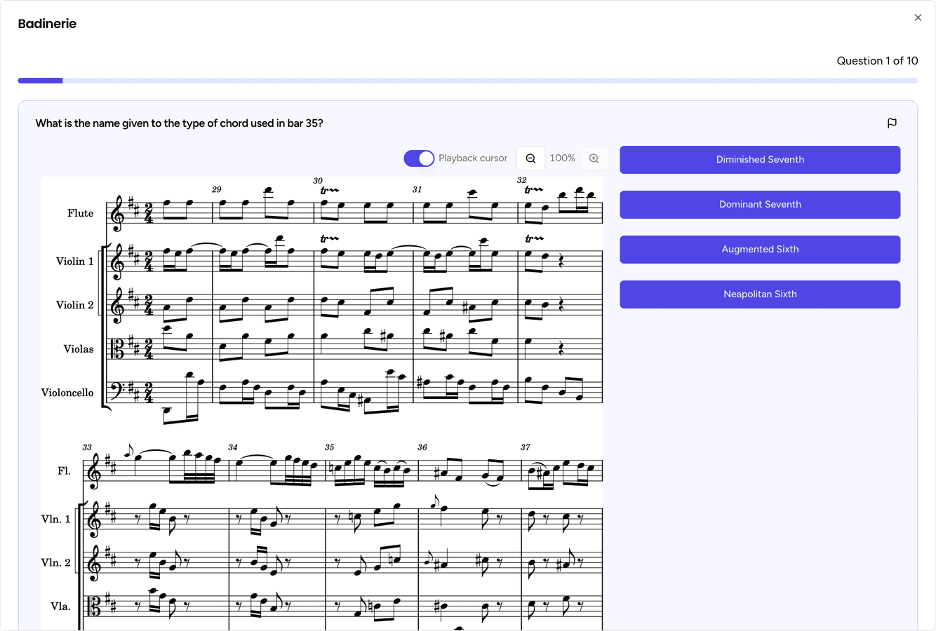 A Badinerie question with the full score, asking which section the extract ends
