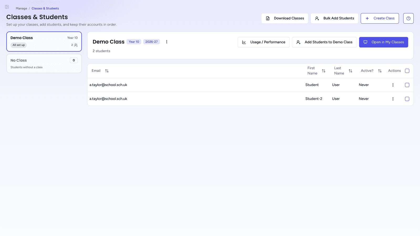 Classes & Students, with a class and its student accounts