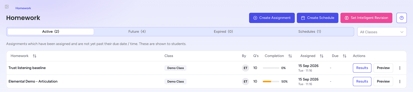 The Homework page, with each active assignment's class and completion