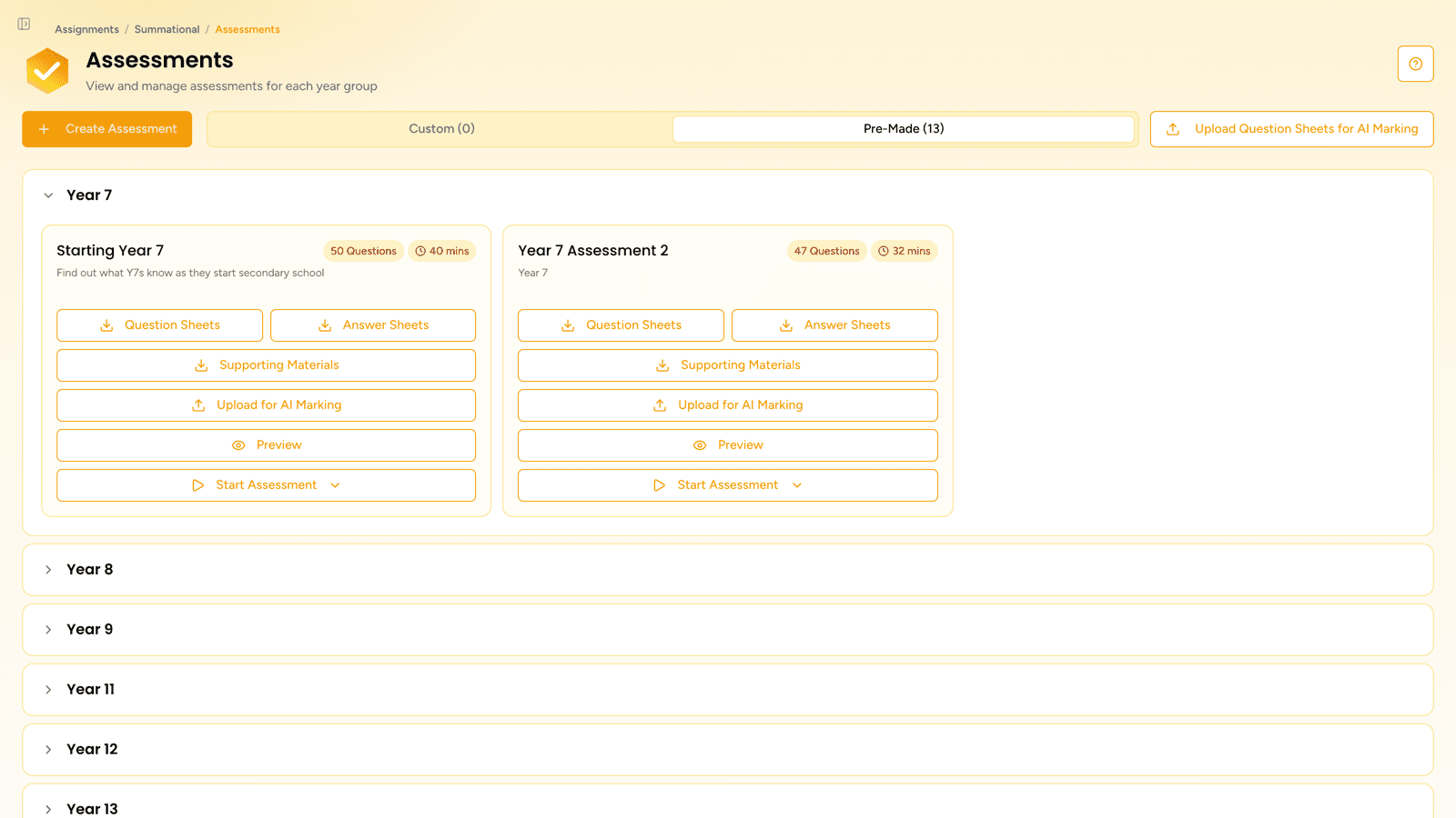 Summational's pre-made Year 7 assessments, with question sheets, answer sheets and AI marking upload