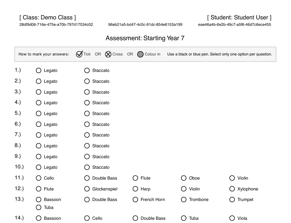 A printed Starting Year 7 question sheet for students to mark their answers on