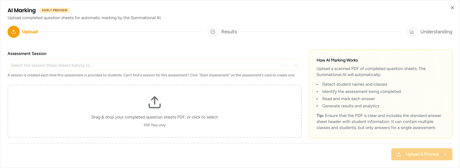 Uploading completed question sheets for AI marking