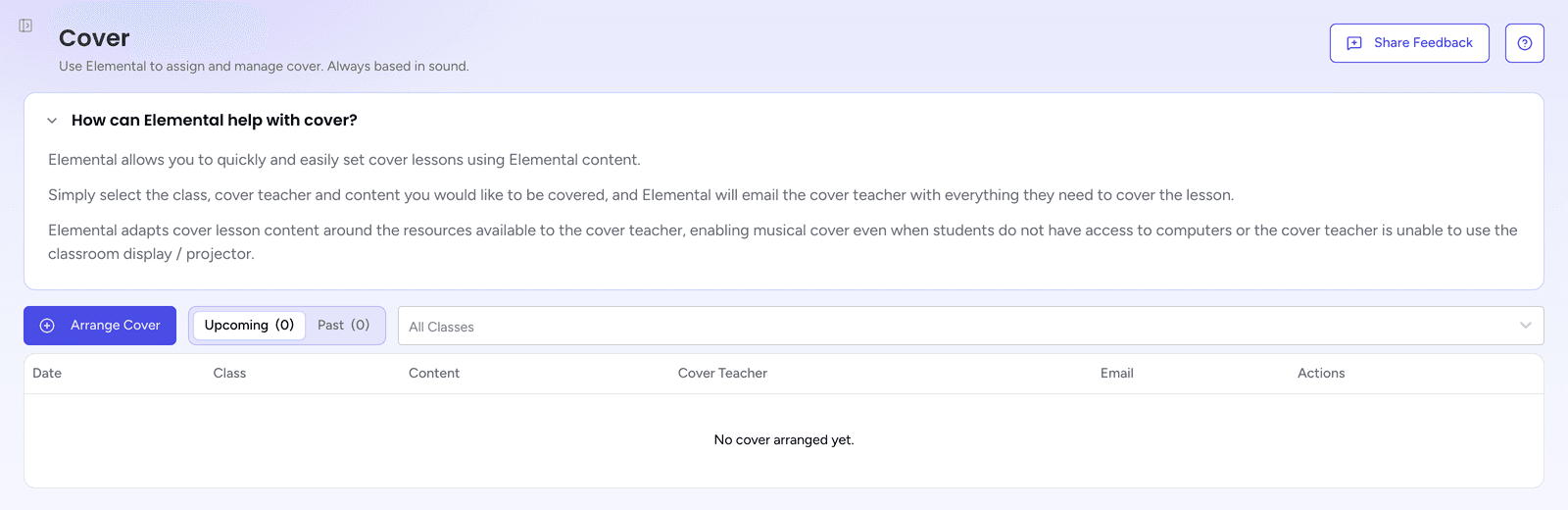 The Cover page, explaining how Elemental sets cover lessons