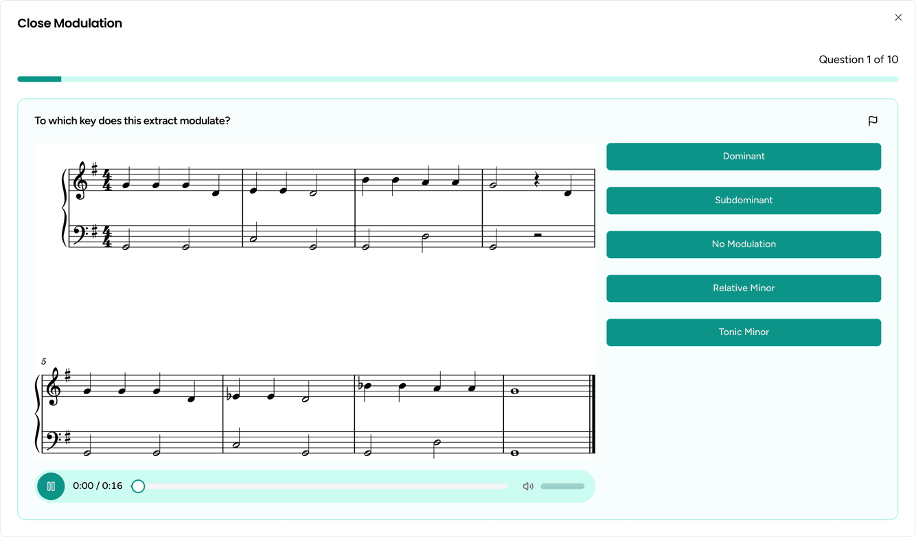 A Close Modulation question asking which key an extract modulates to
