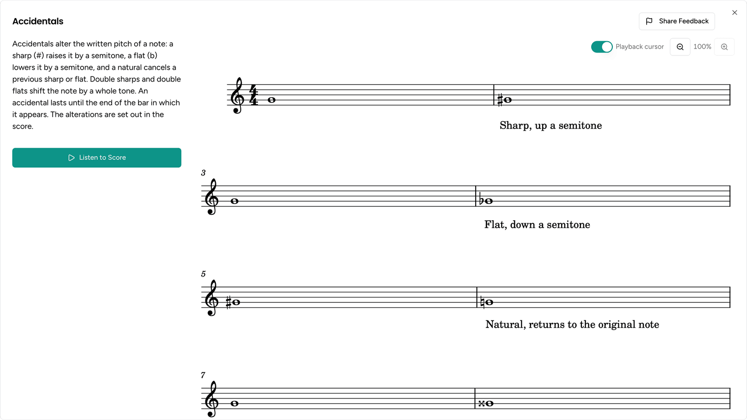 The Accidentals explanation, with a score showing sharps, flats and naturals