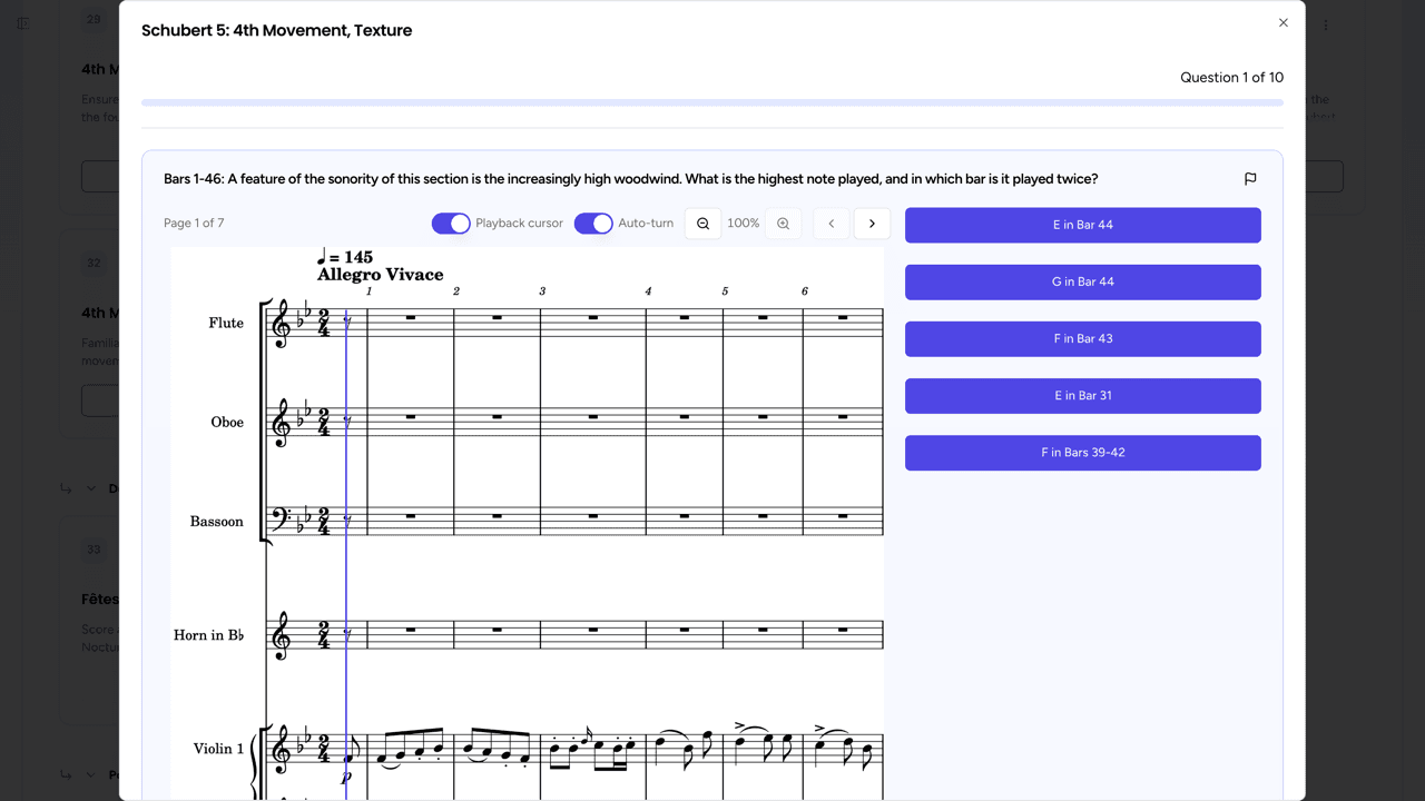 A set works revision quiz with full score in a web browser
