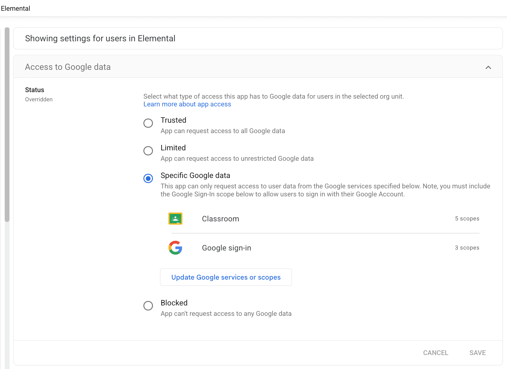 Access to Google data settings showing Specific Google data selected with Classroom and Google sign-in scopes listed