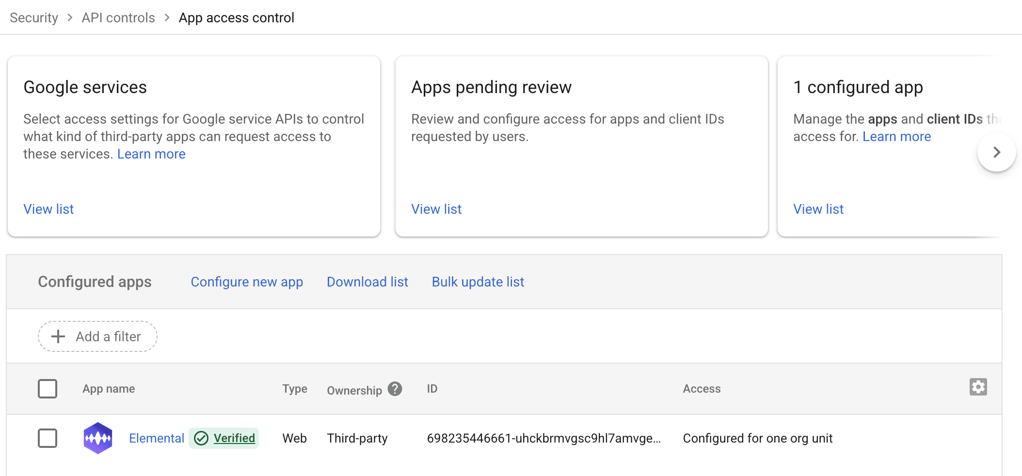 Google Admin console App access control page with Elemental listed as a verified configured app