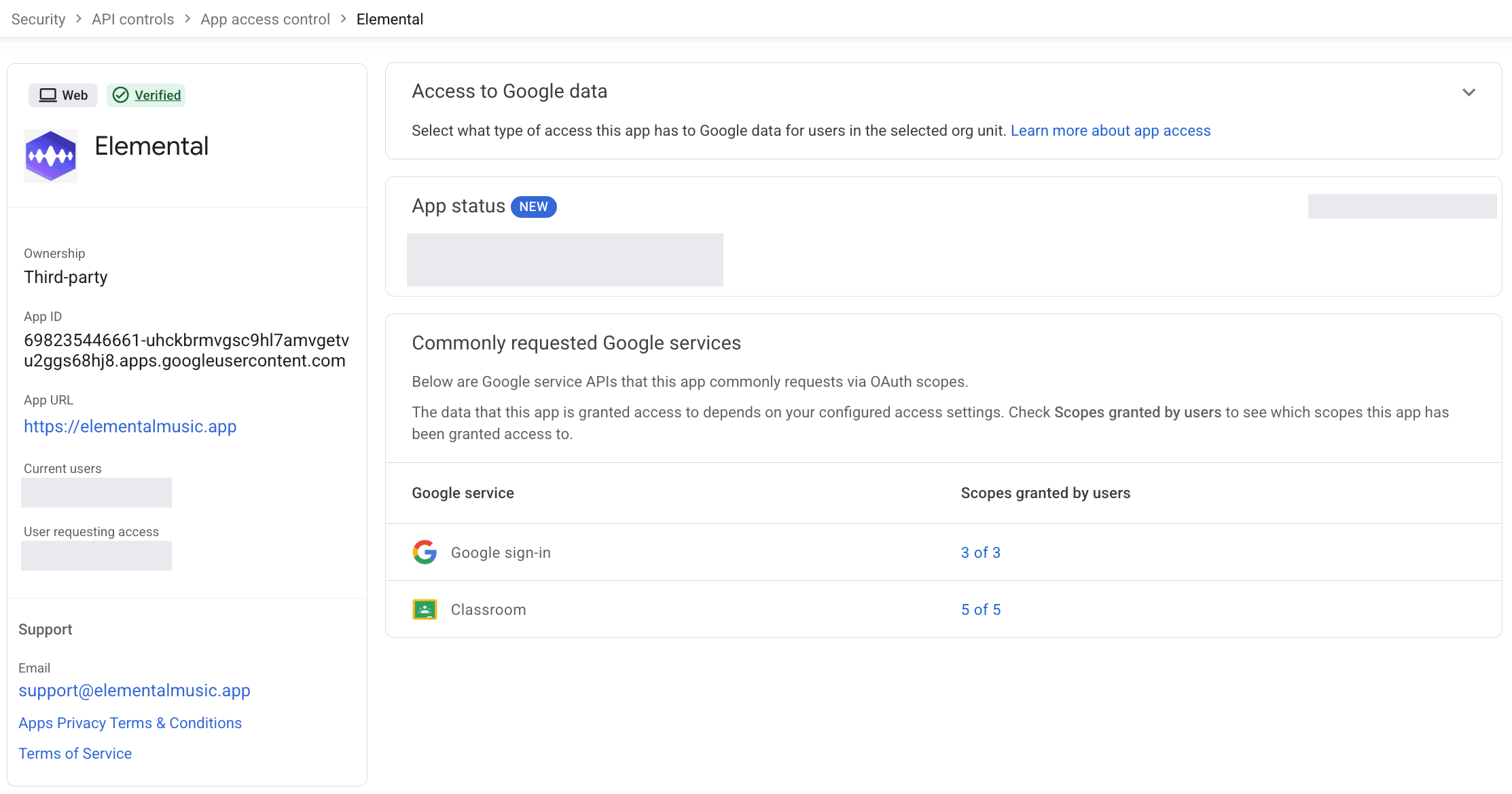 Google Admin console App access control page showing Elemental as a verified app with 3 of 3 Google sign-in scopes and 5 of 5 Classroom scopes granted