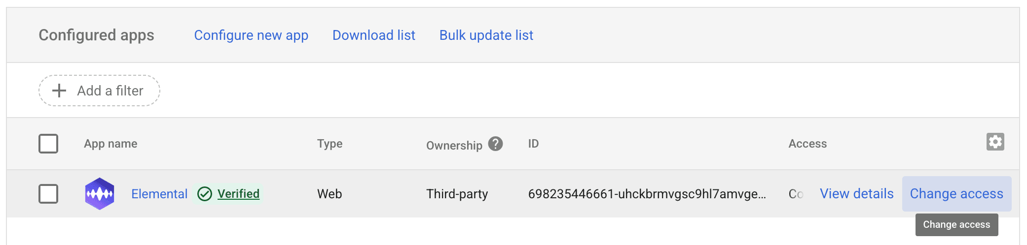 Elemental row in the Configured apps list with the Change access button shown in the Access column