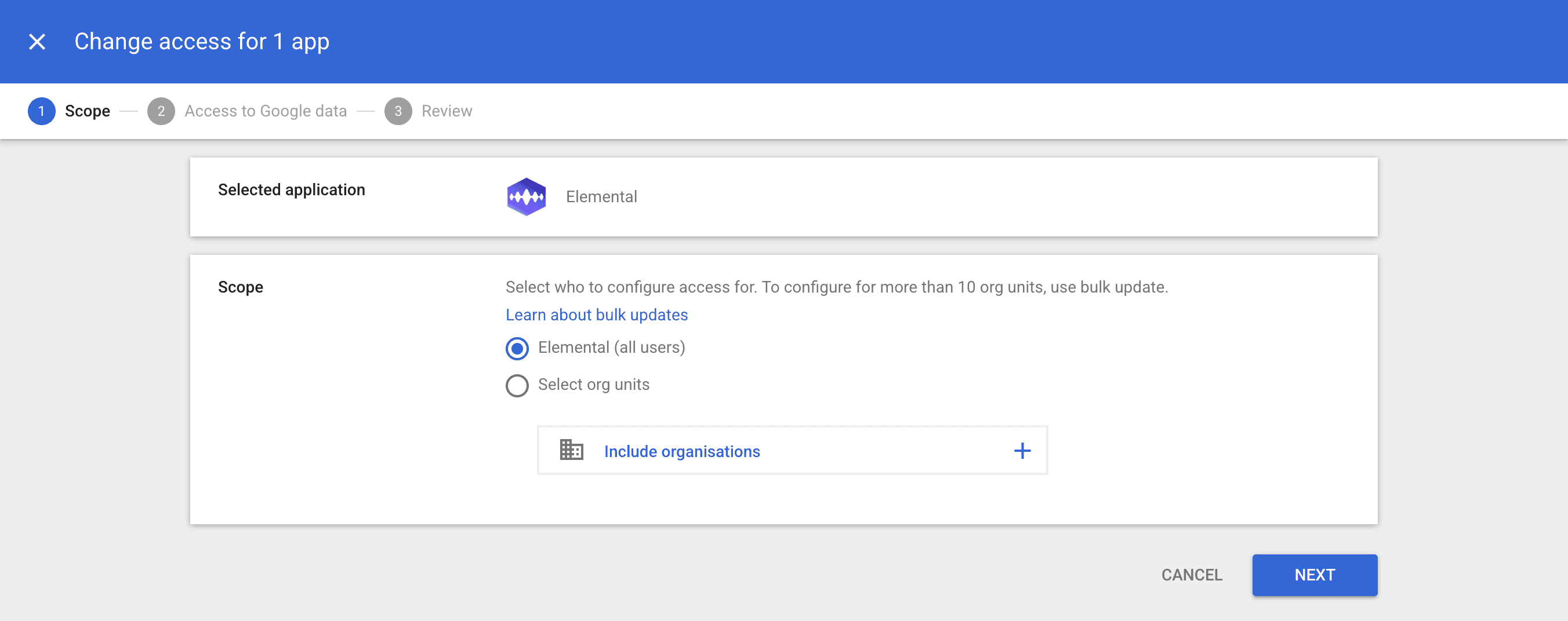 Change access wizard Scope step offering Elemental (all users) or Select org units