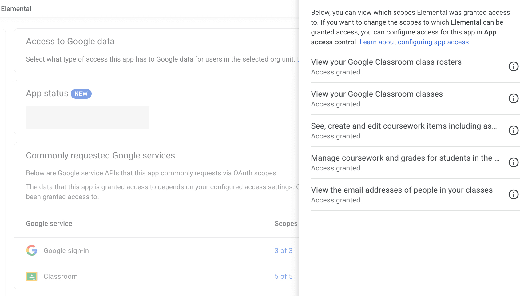 Scope detail panel listing each Google Classroom scope with the status Access granted