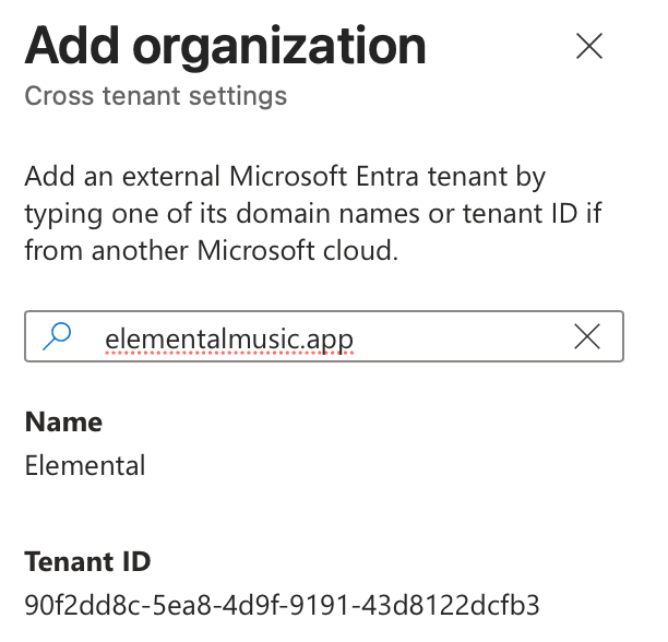 Add organization panel with elementalmusic.app entered, showing the Elemental name and tenant ID