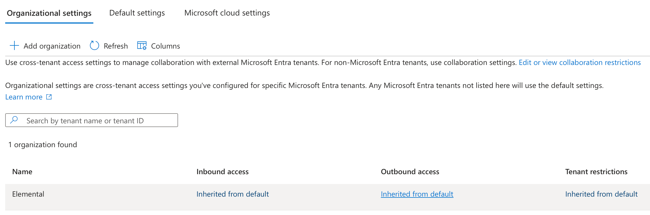 Organizational settings list showing Elemental, with Inherited from default in its Outbound access column