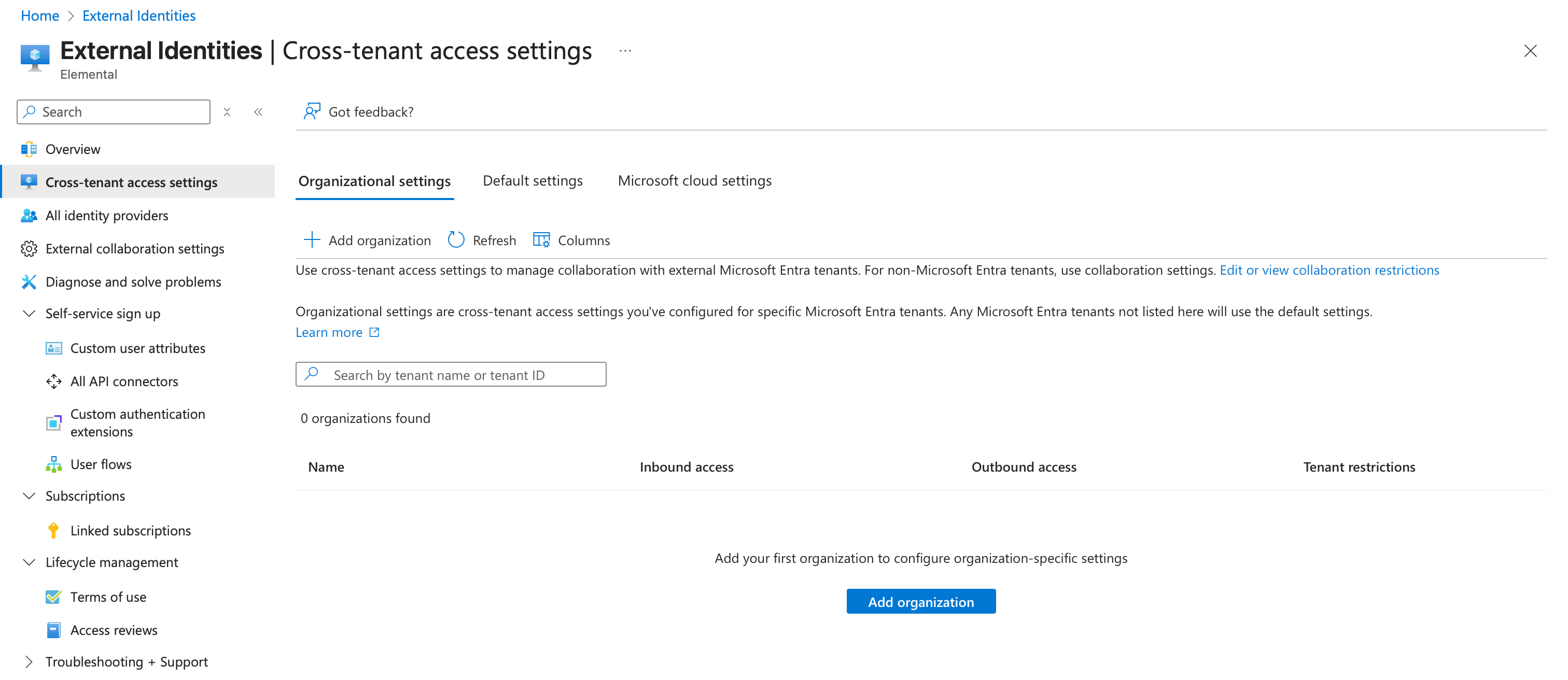 Entra Cross-tenant access settings page on the Organizational settings tab, with the Add organization button