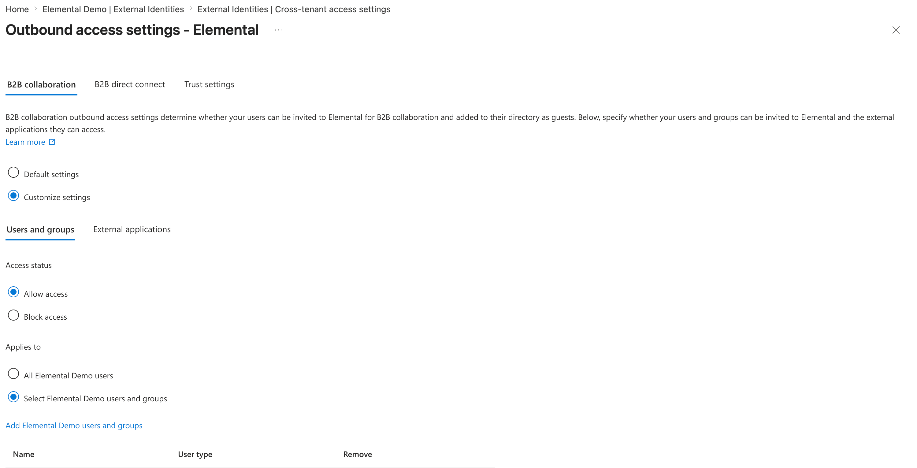 Outbound access settings for Elemental with Customize settings selected and access applied to selected users and groups