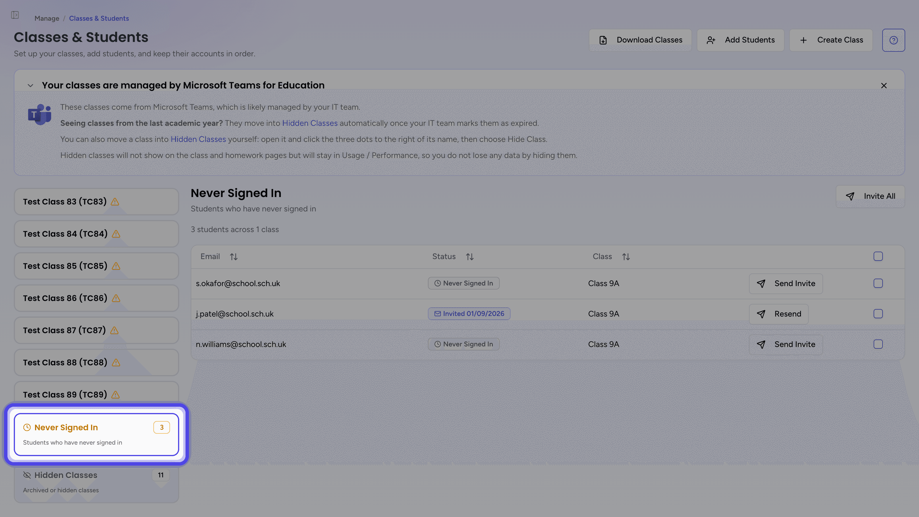 The Never Signed In card highlighted in the class list