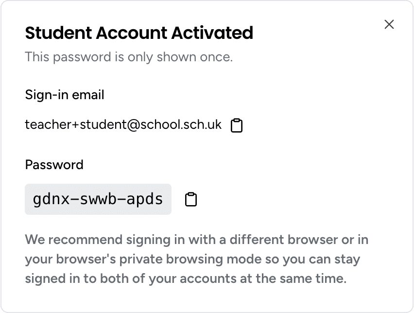 The Student Account Activated dialog showing the sign-in email and password