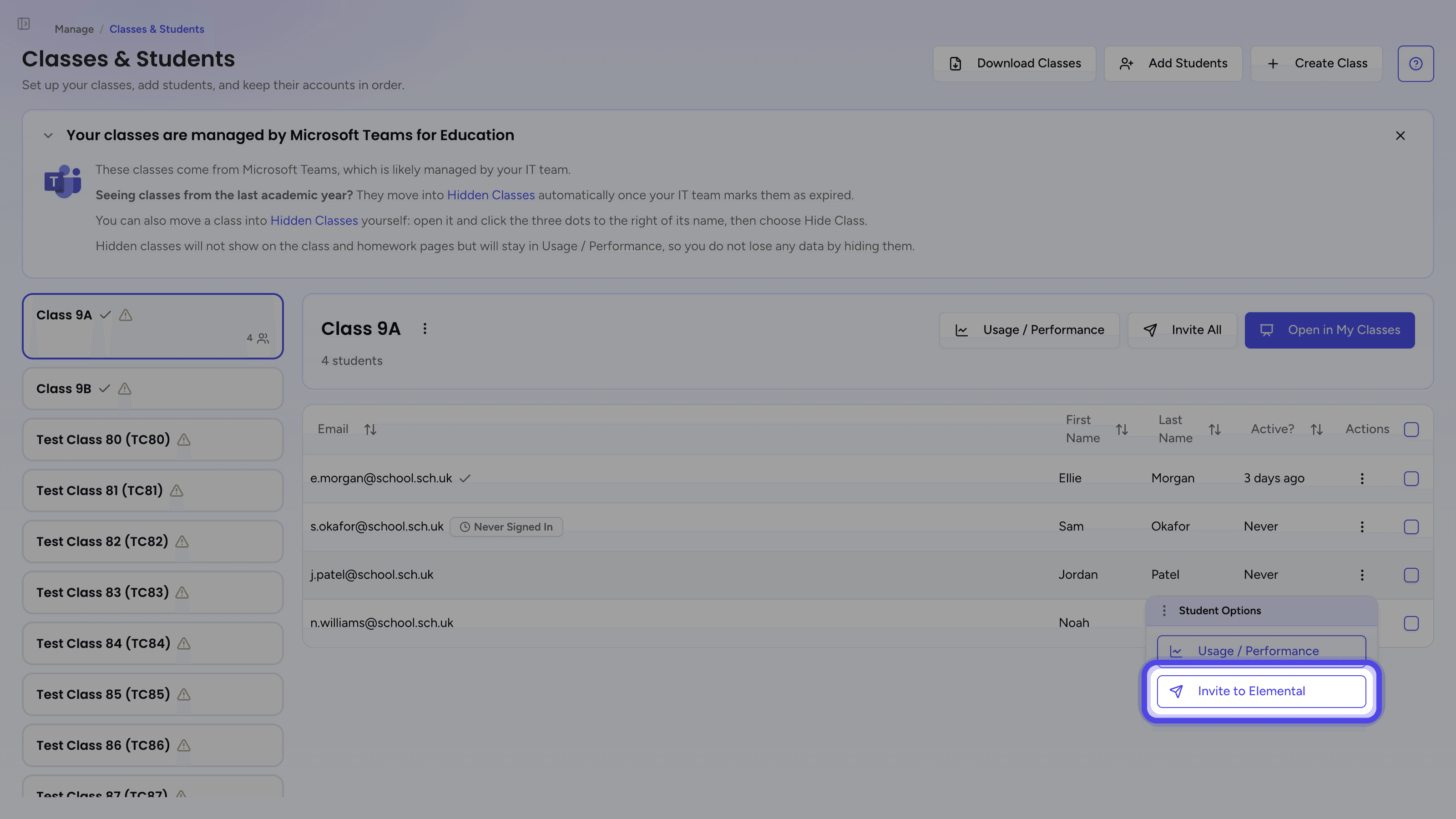 The Student Options menu with Invite to Elemental highlighted
