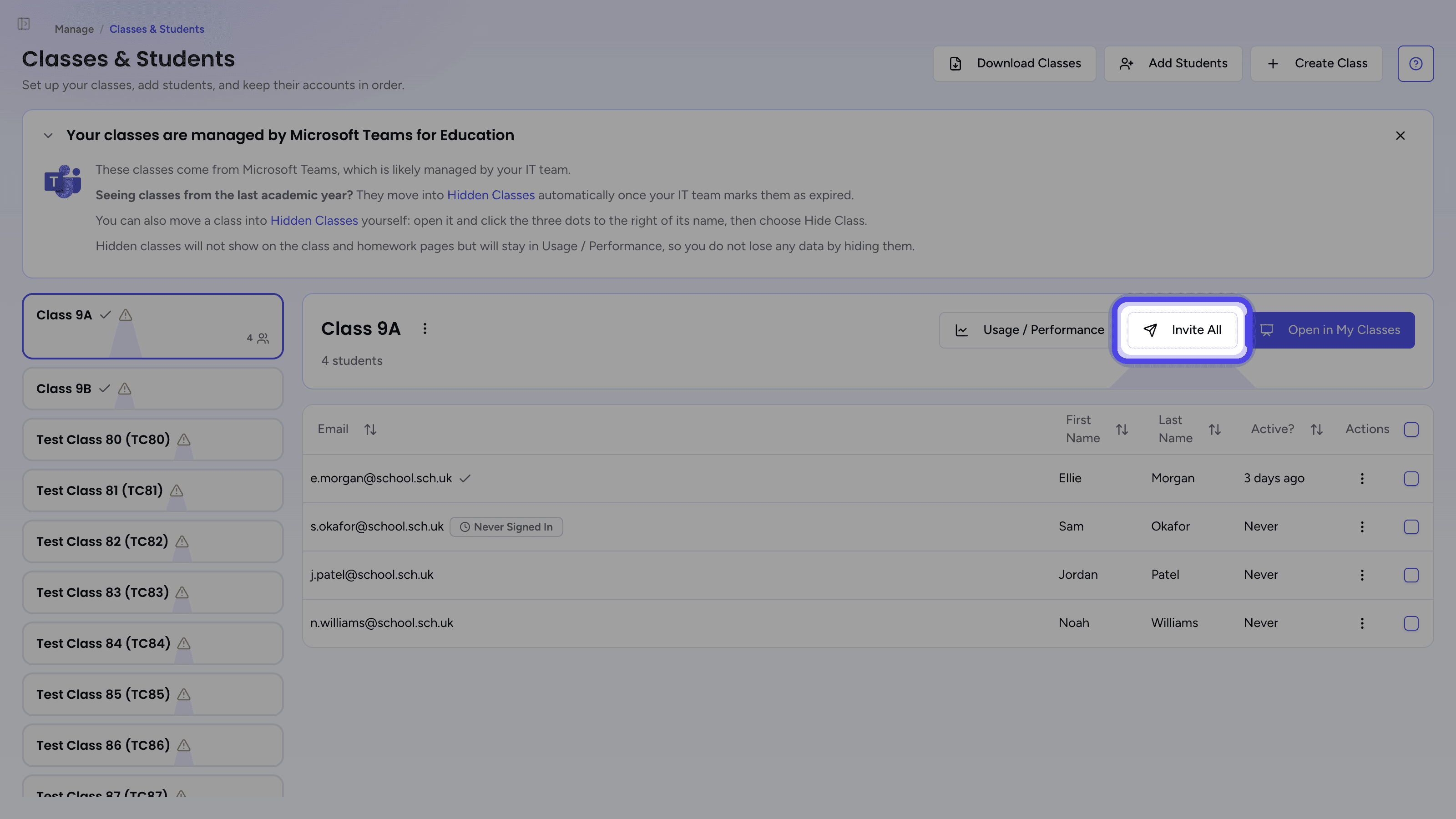 The class panel with the Invite All button highlighted