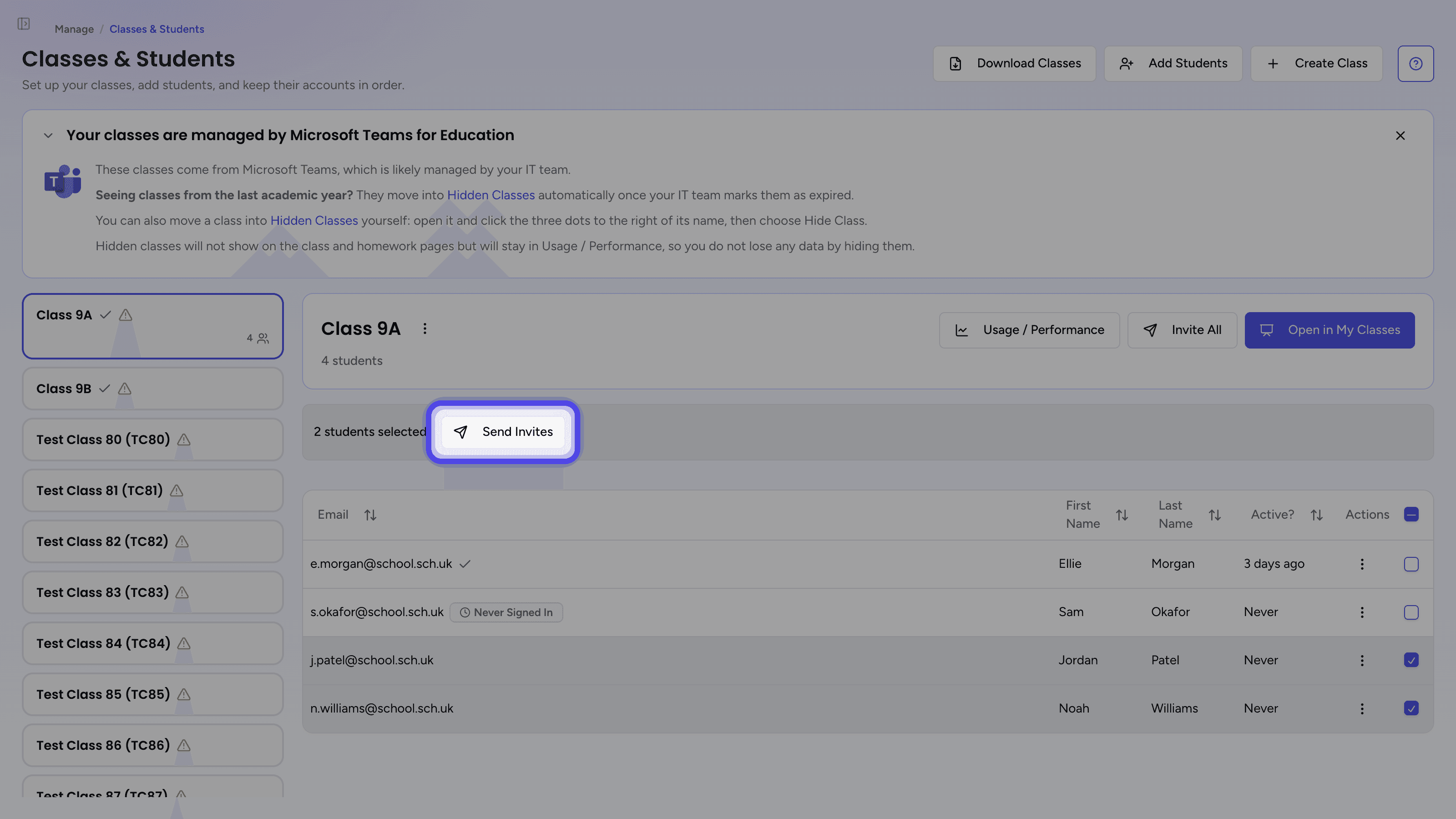 Two students ticked in the students table with the Send Invites button highlighted