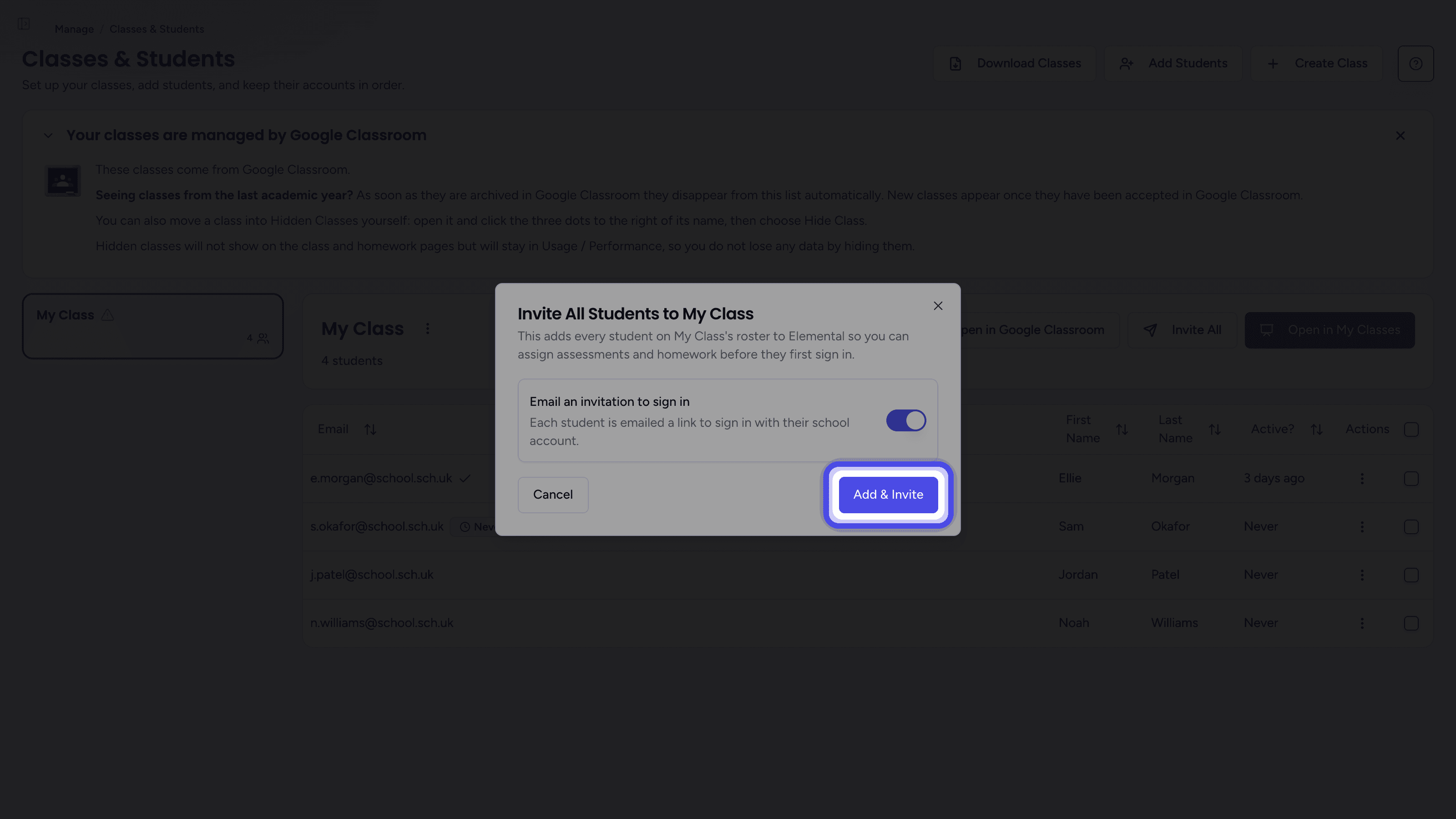 The Invite All Students dialog with the Add & Invite button highlighted