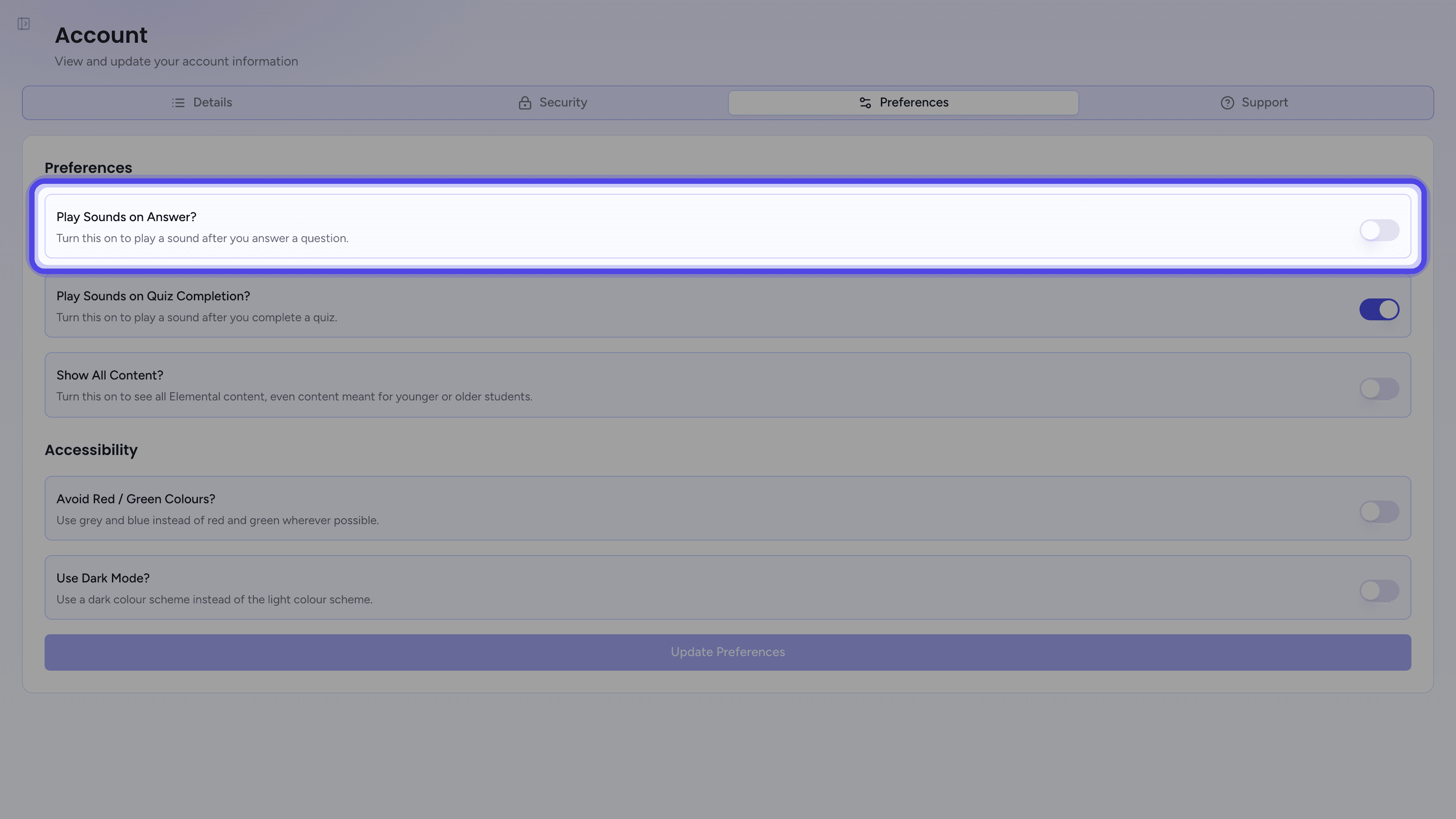 The Preferences tab with the Play Sounds on Answer? setting highlighted