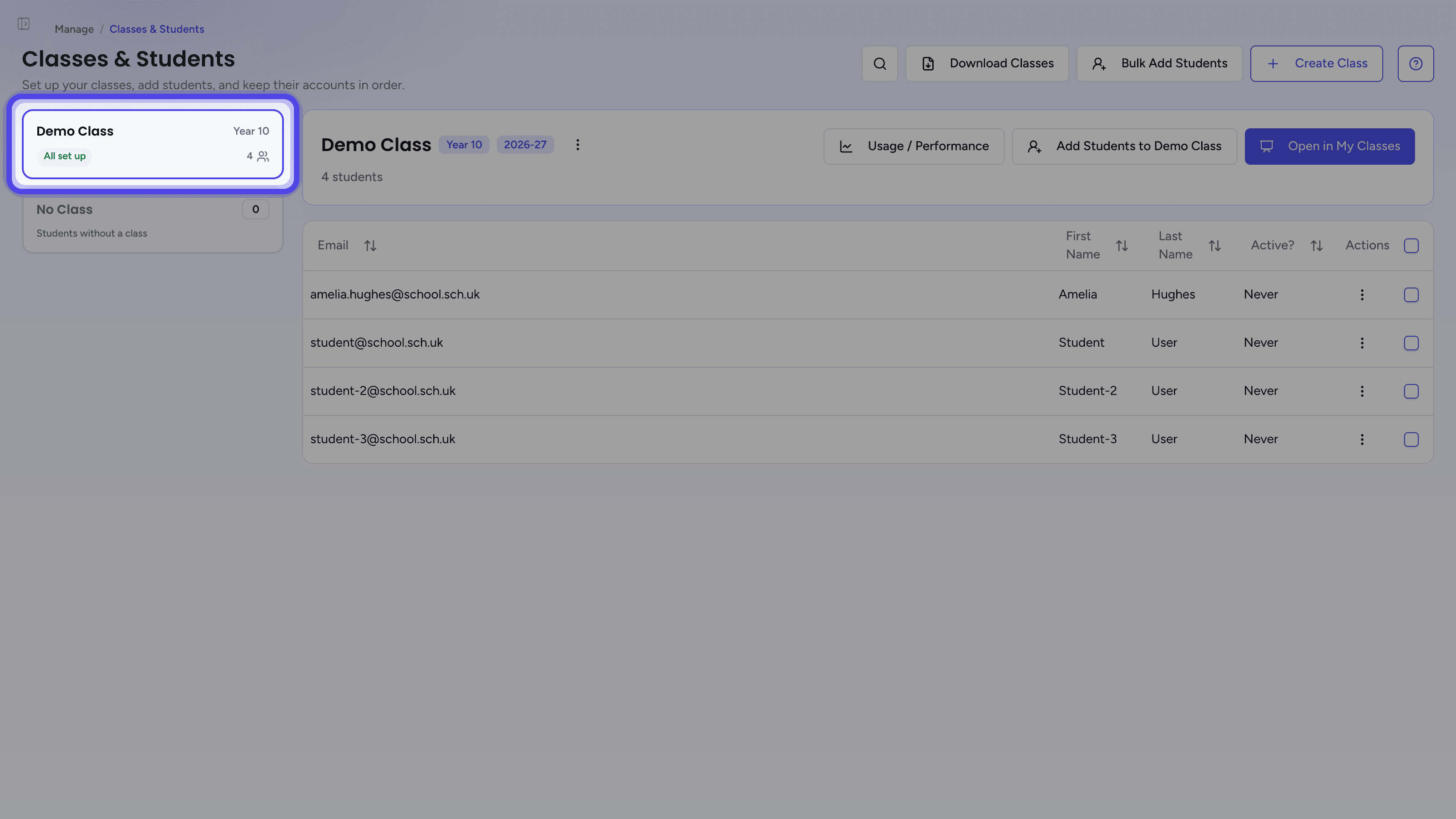 The Classes & Students page with a class selected in the class list