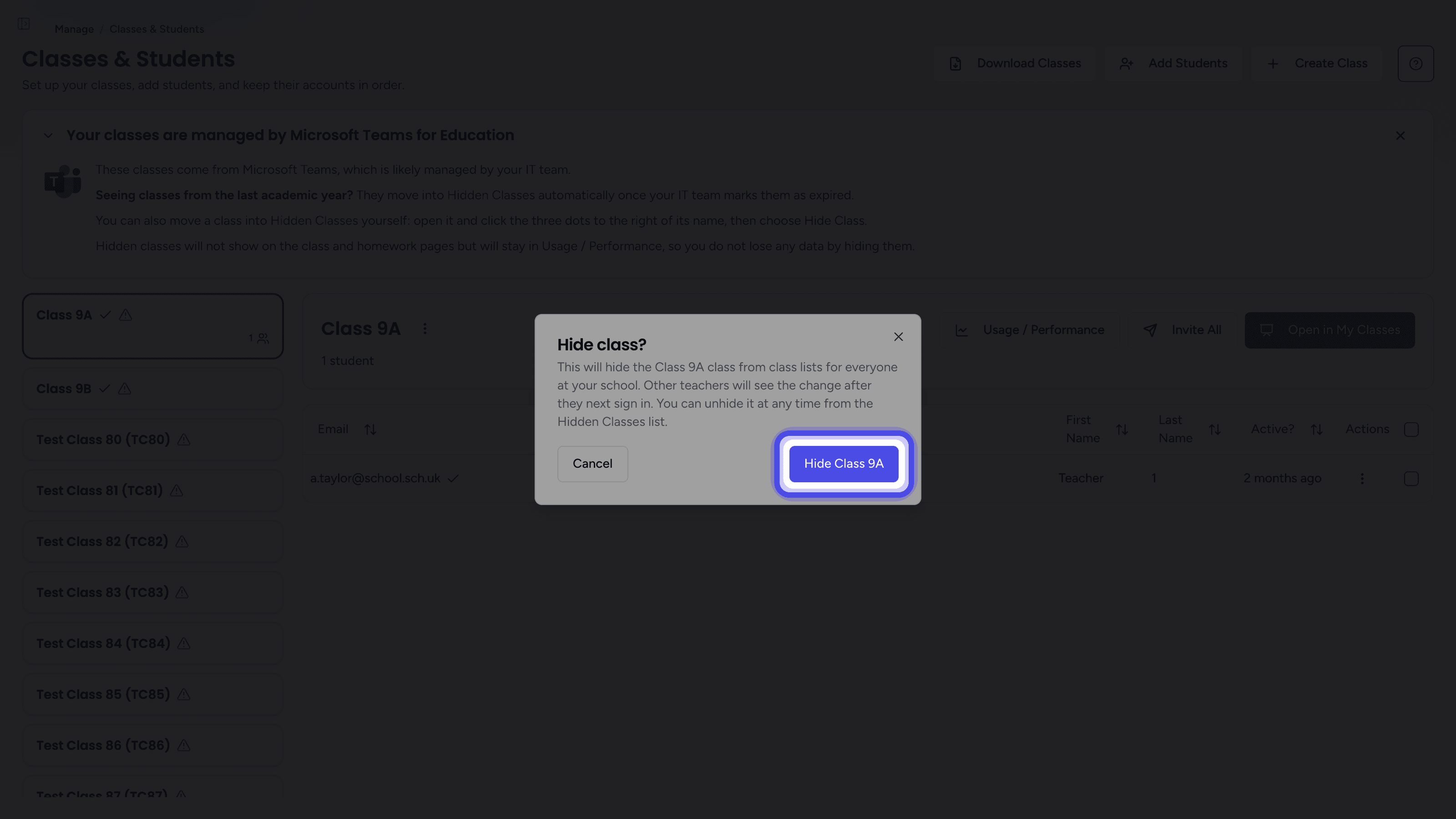 The Hide class? dialog with the confirm button highlighted