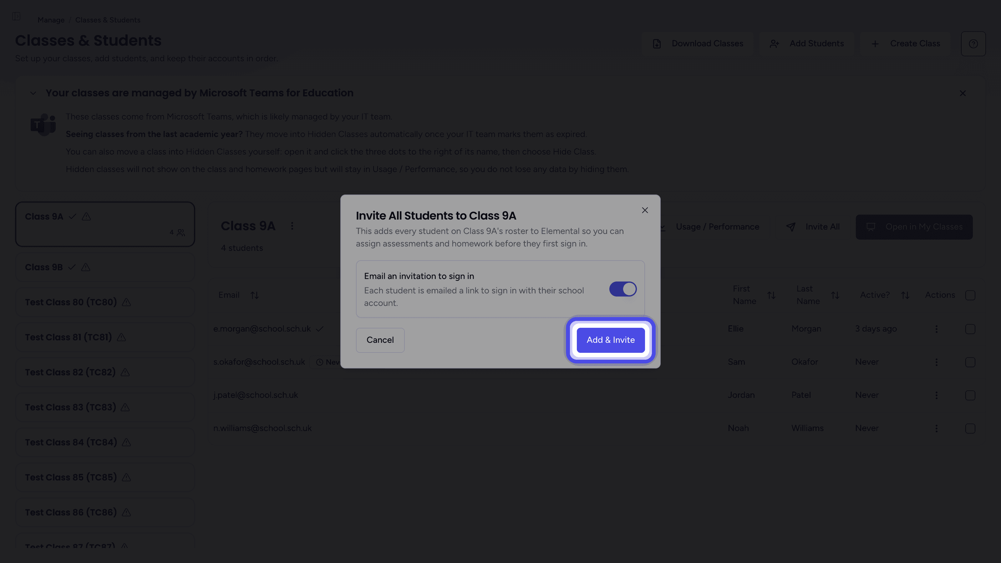 The Invite All Students dialog with the Add & Invite button highlighted