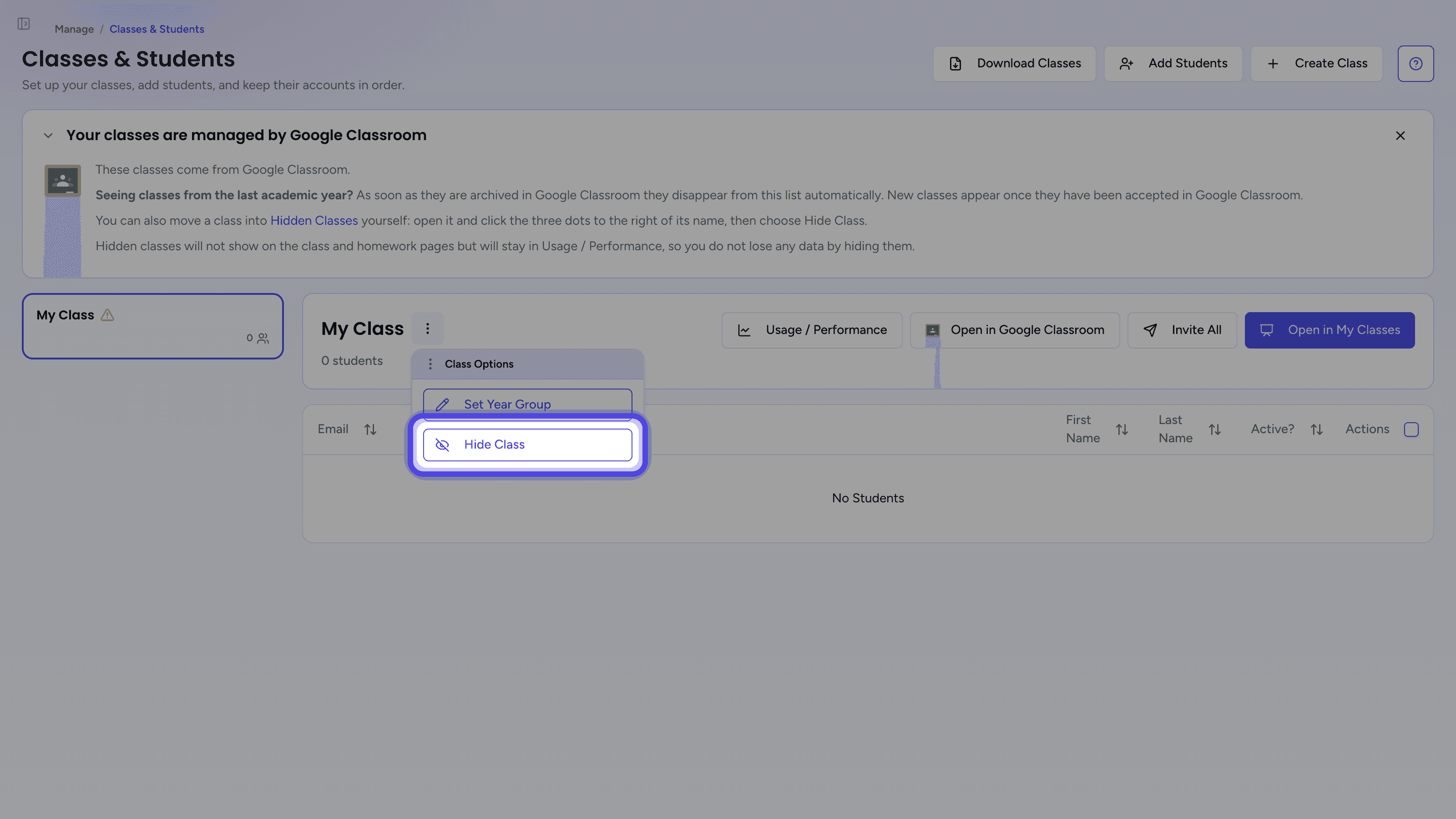 The Class Options menu with Hide Class highlighted