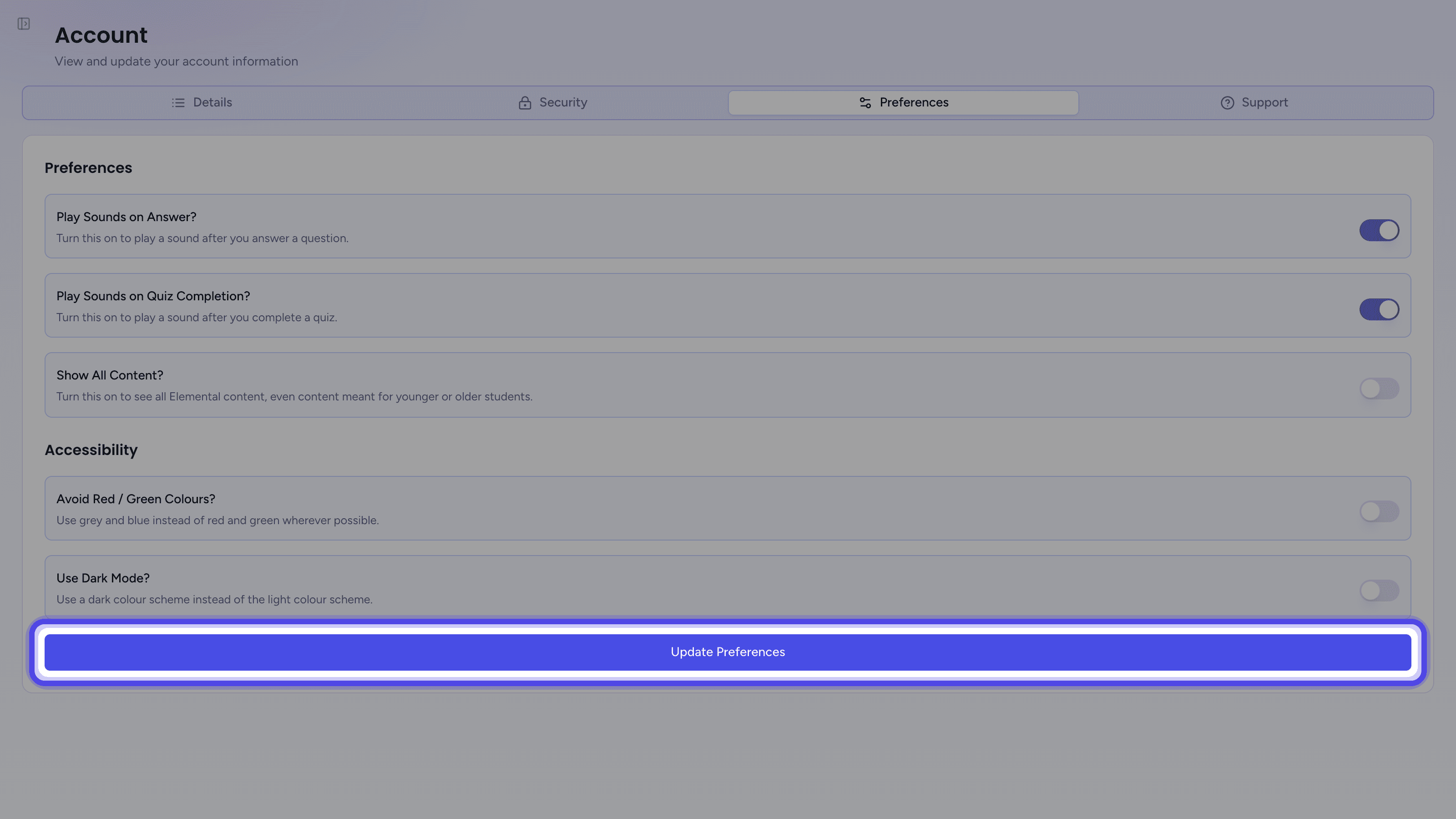 The Preferences tab with a changed setting and the Update Preferences button highlighted