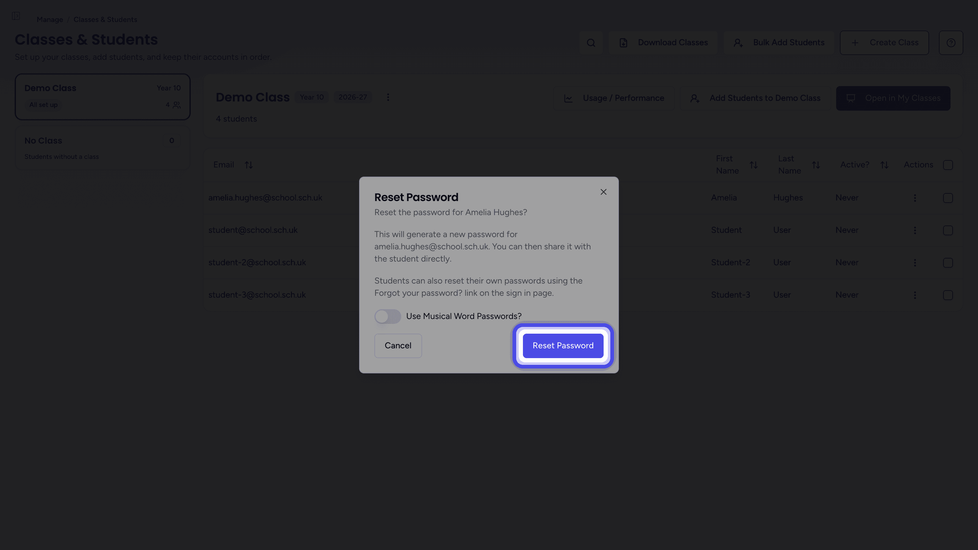 The Reset Password dialog with the Reset Password button highlighted