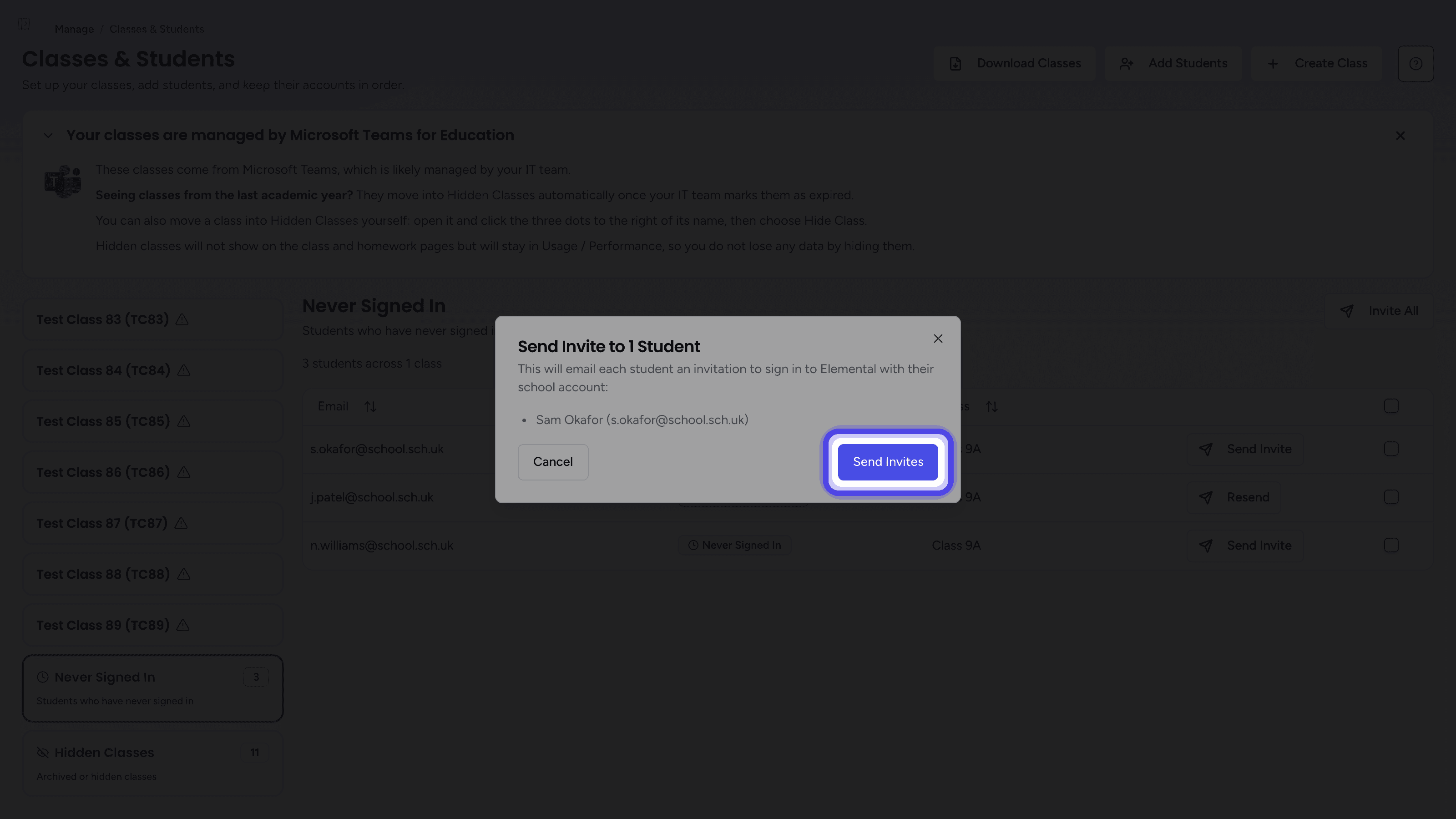 The Send Invite dialog with the Send Invites button highlighted