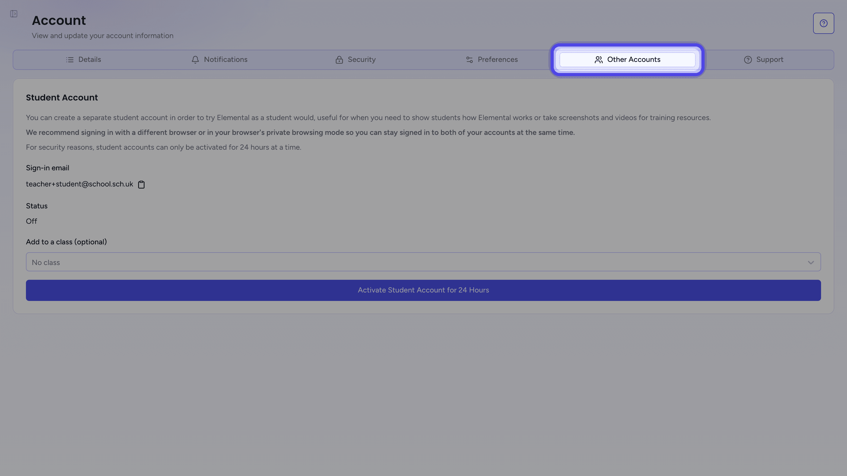 The Account page with the Other Accounts tab highlighted