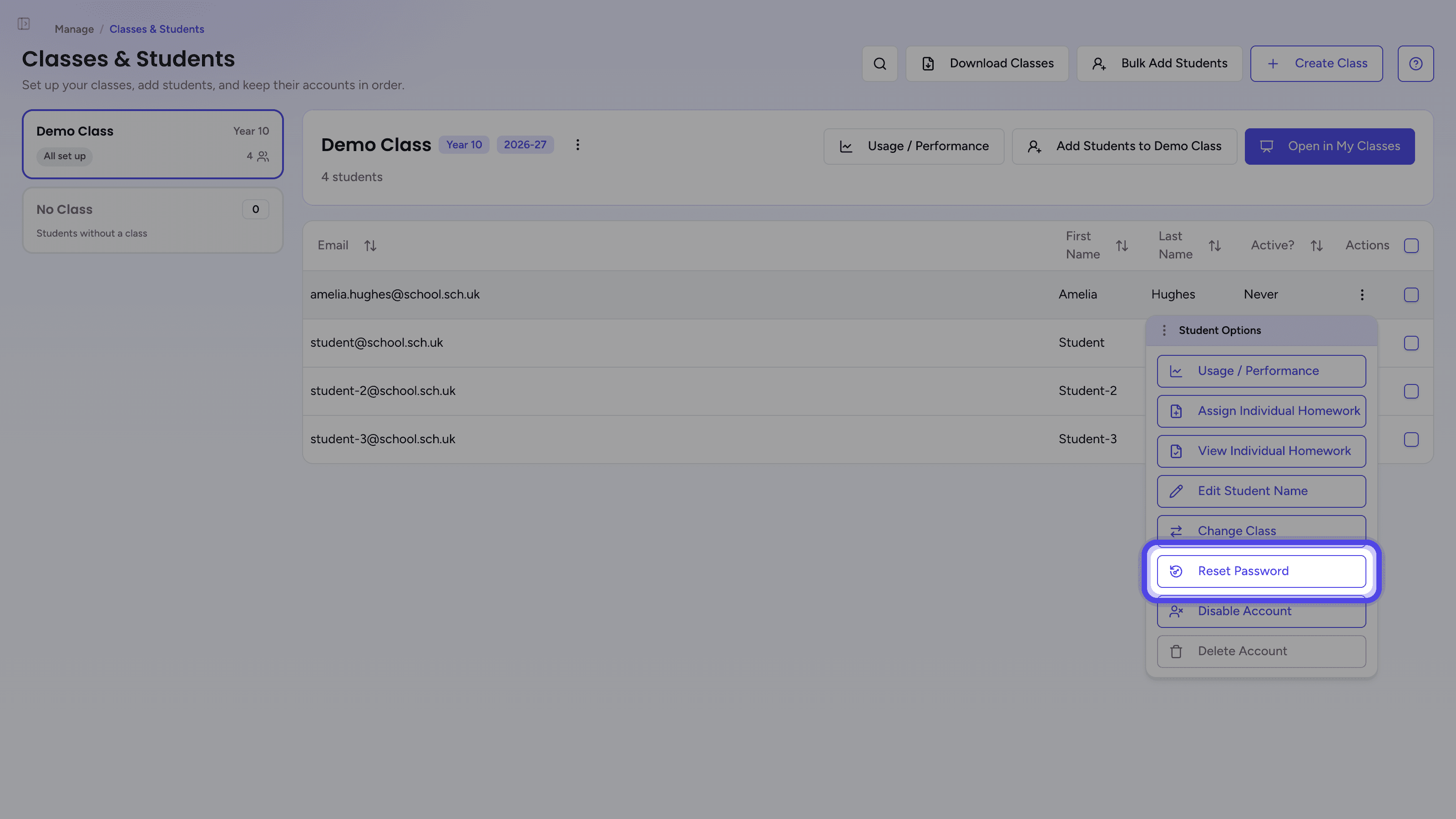 The Student Options menu with Reset Password highlighted