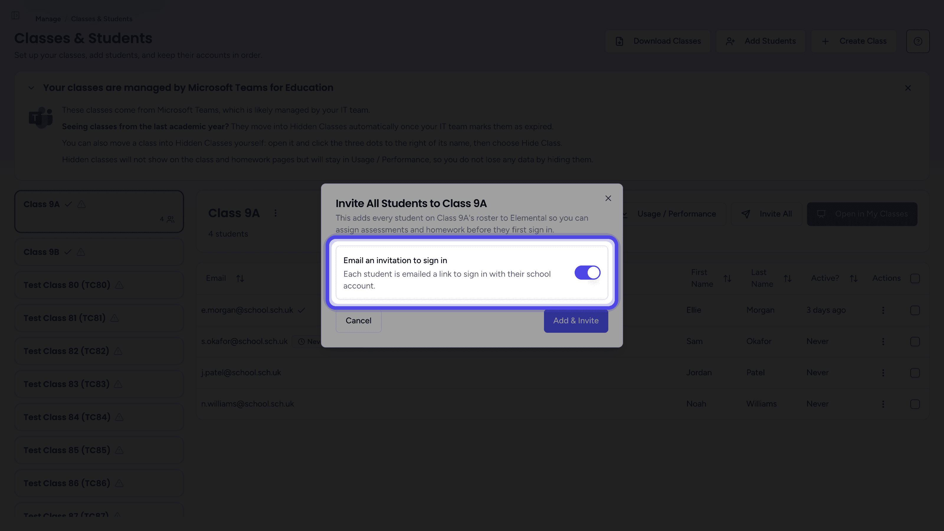The Invite All Students dialog with the Email an invitation to sign in switch highlighted