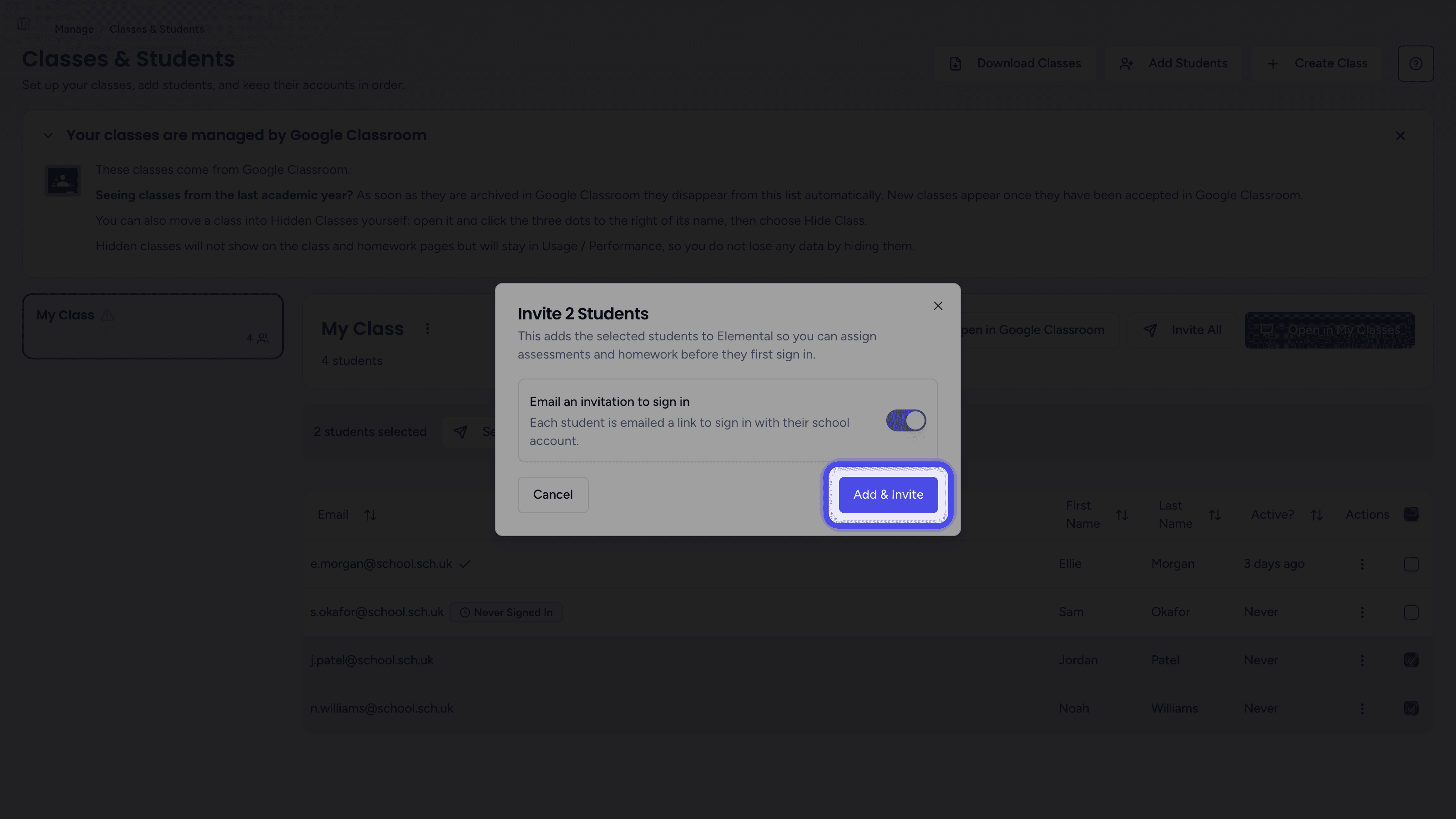 The Invite 2 Students dialog with the Add & Invite button highlighted