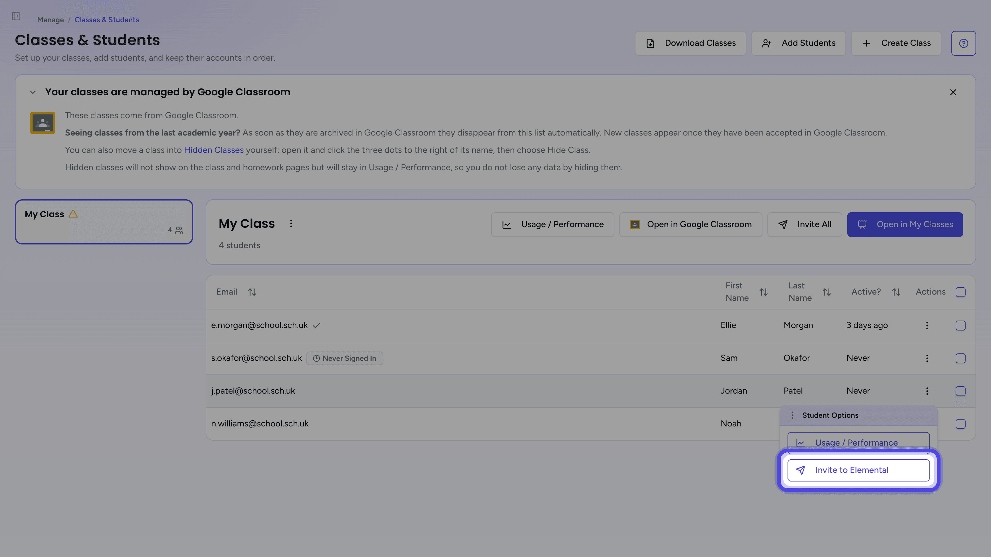 The Student Options menu with Invite to Elemental highlighted