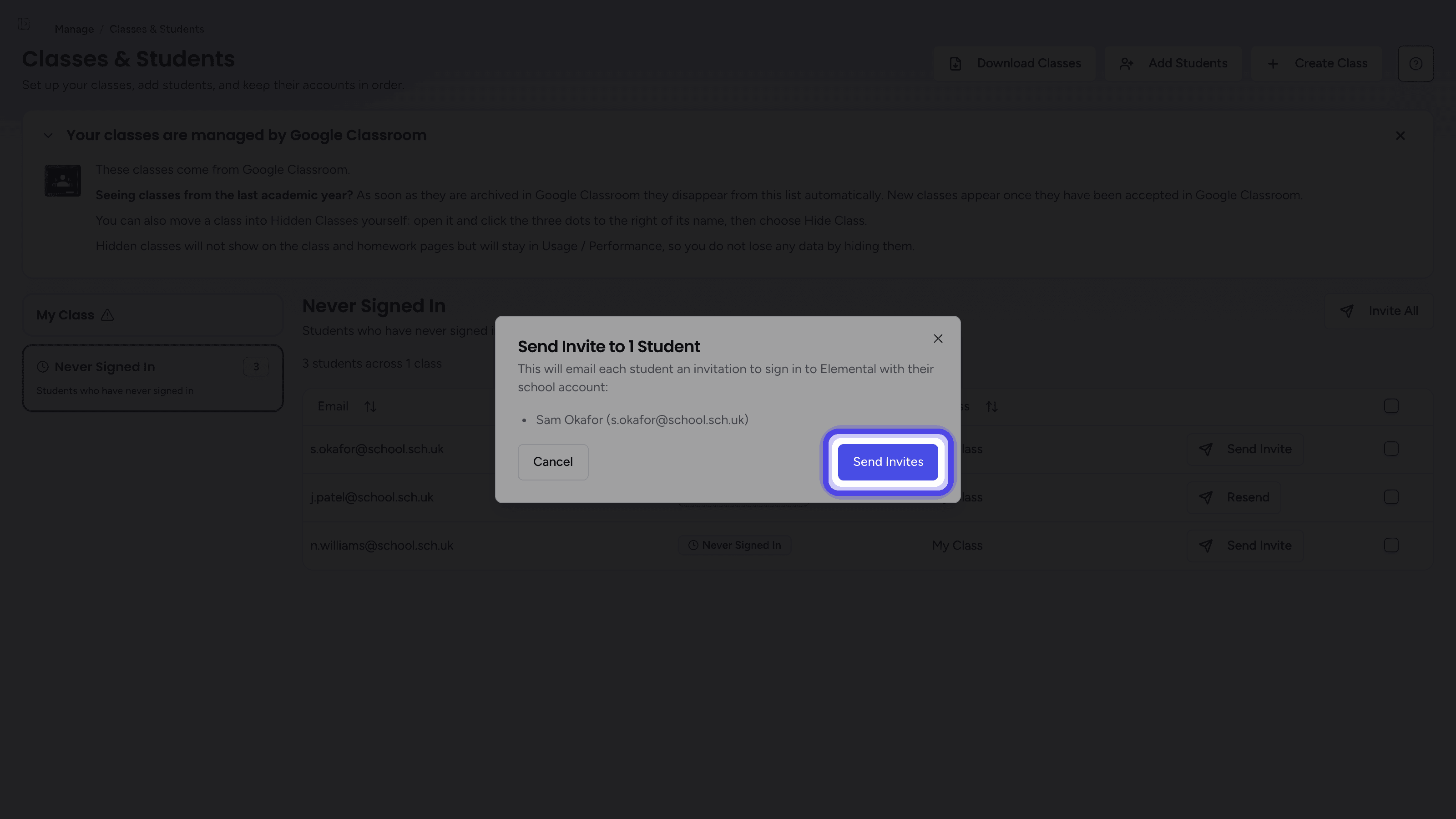 The Send Invite dialog with the Send Invites button highlighted