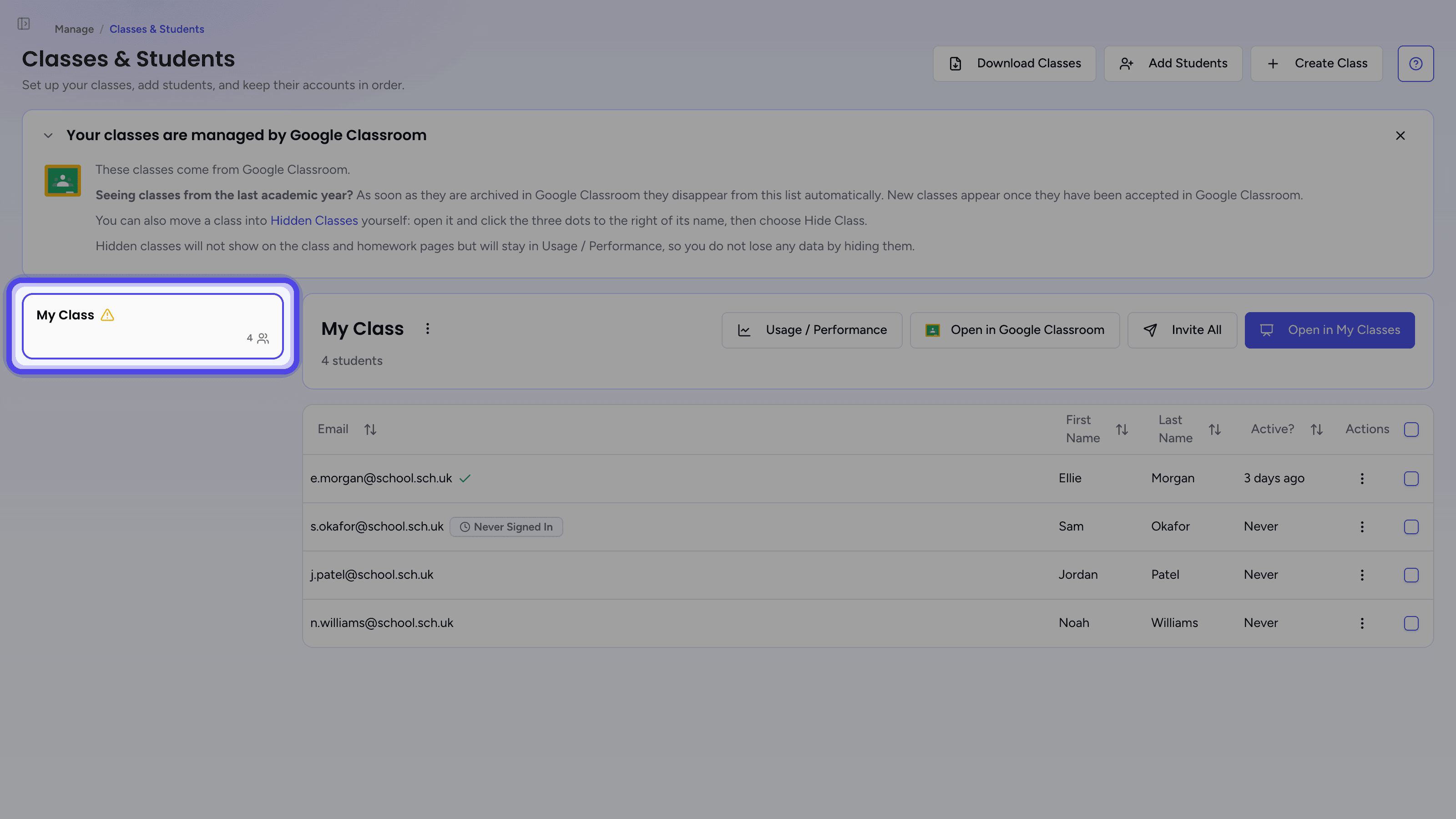 The Classes & Students page with a class selected in the class list