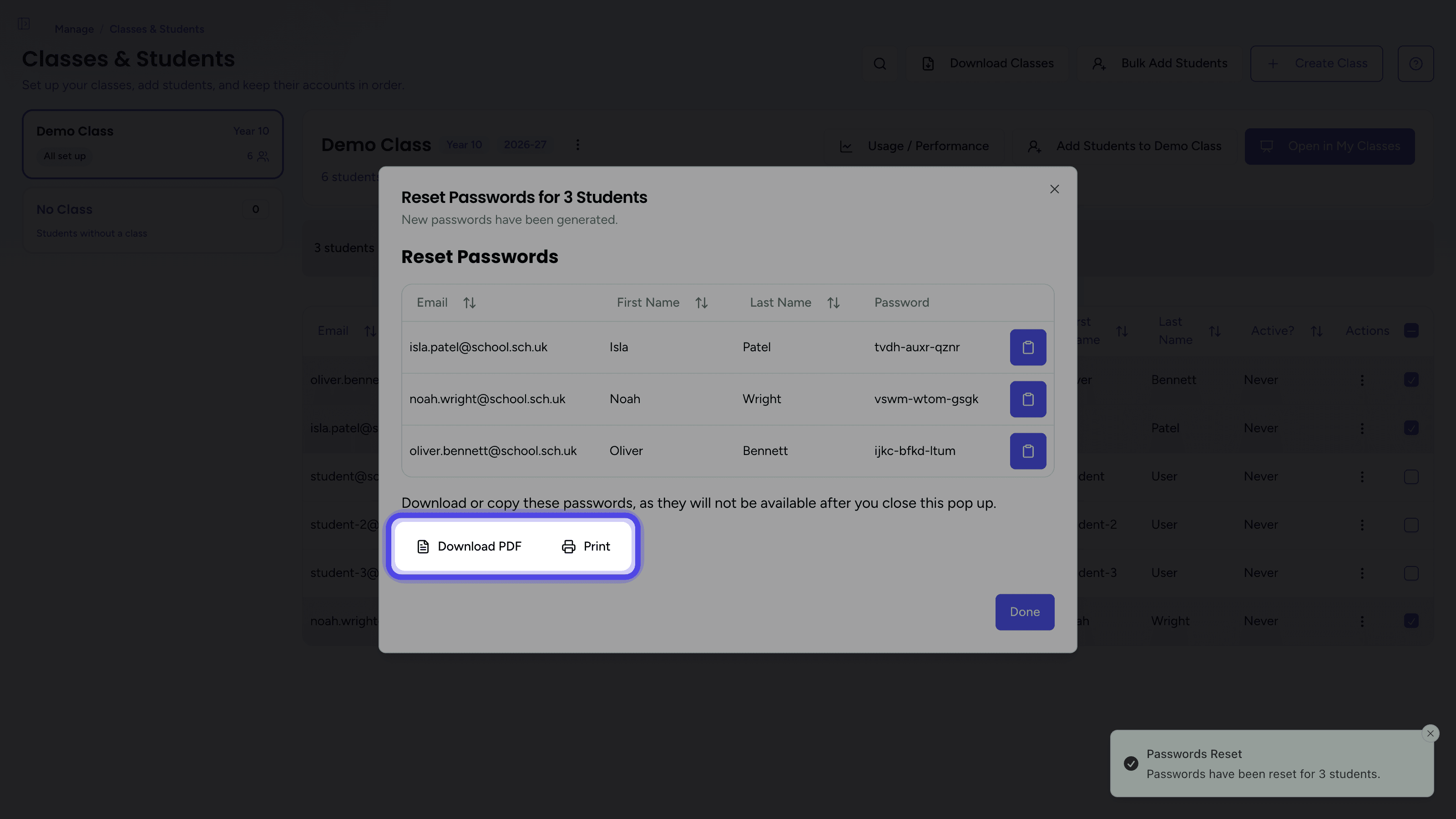 The new passwords table with the Download PDF and Print buttons highlighted