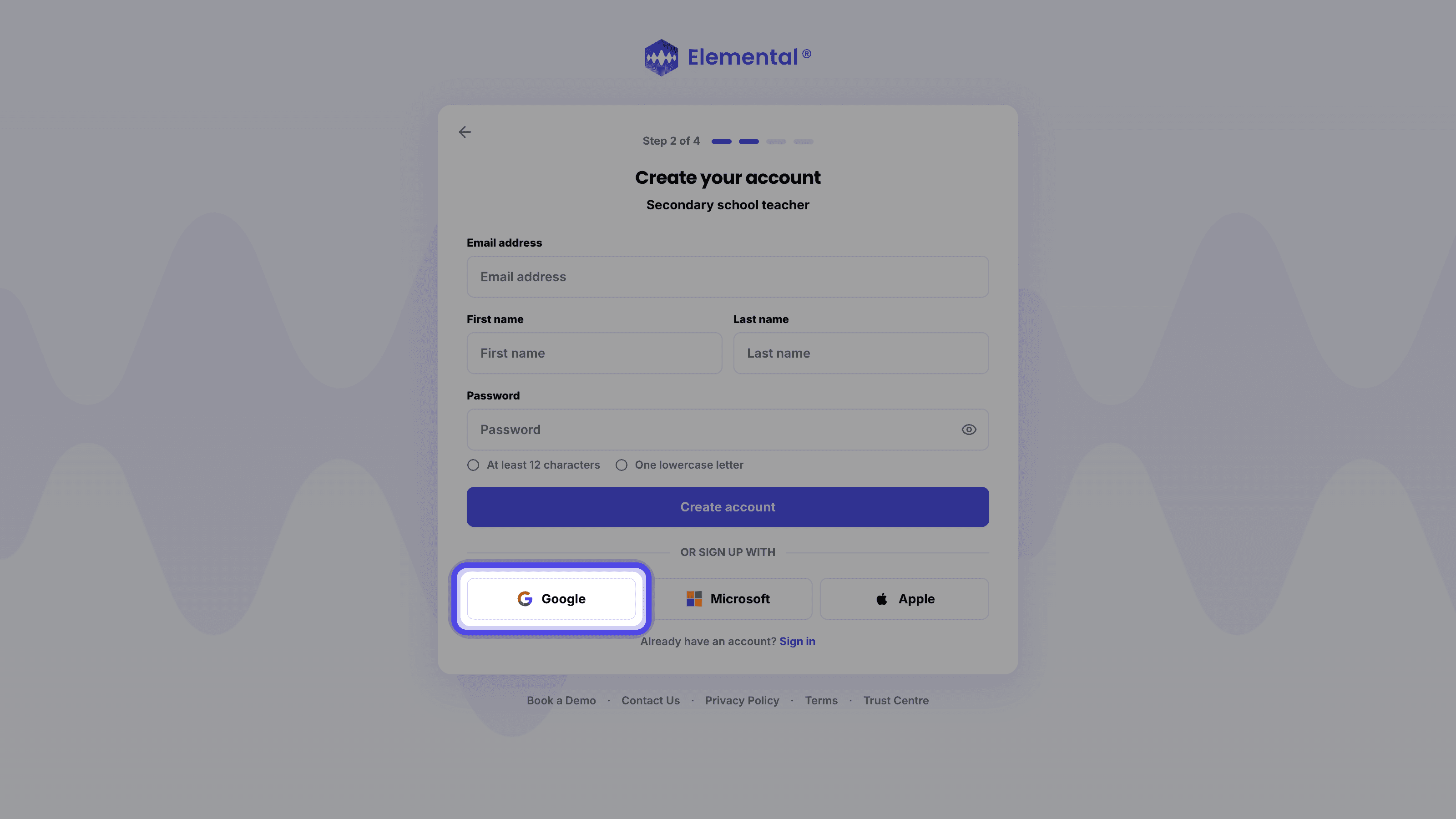 Choose to Sign Up with Google